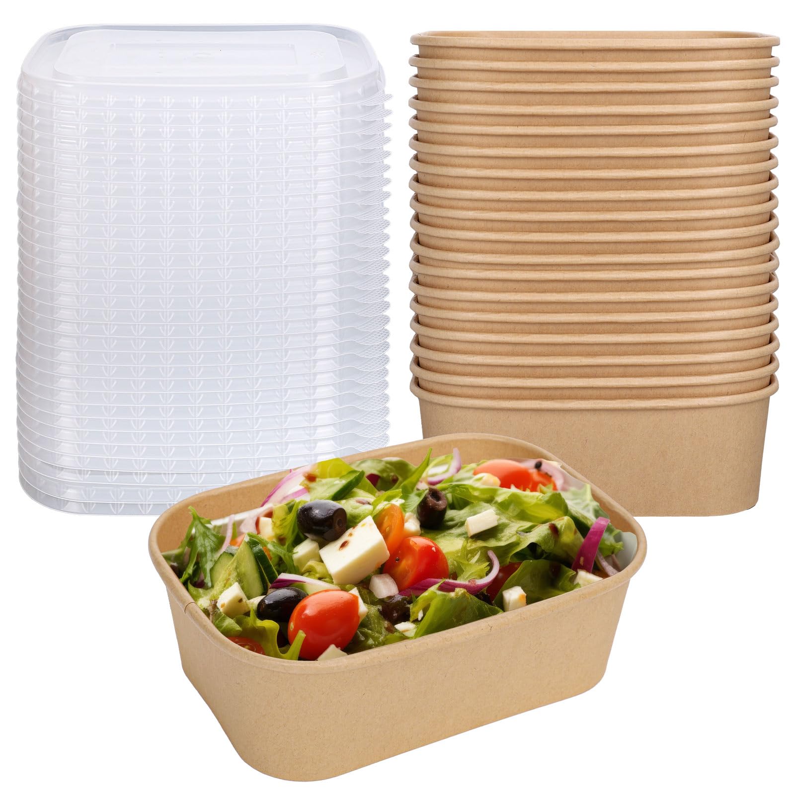 FYSUIMU 100 cuencos desechables de papel kraft de 26 onzas con tapas, recipientes rectangulares para alimentos, cuencos de ensalada para el hogar, camping, restaurante, caliente y frío para llevar