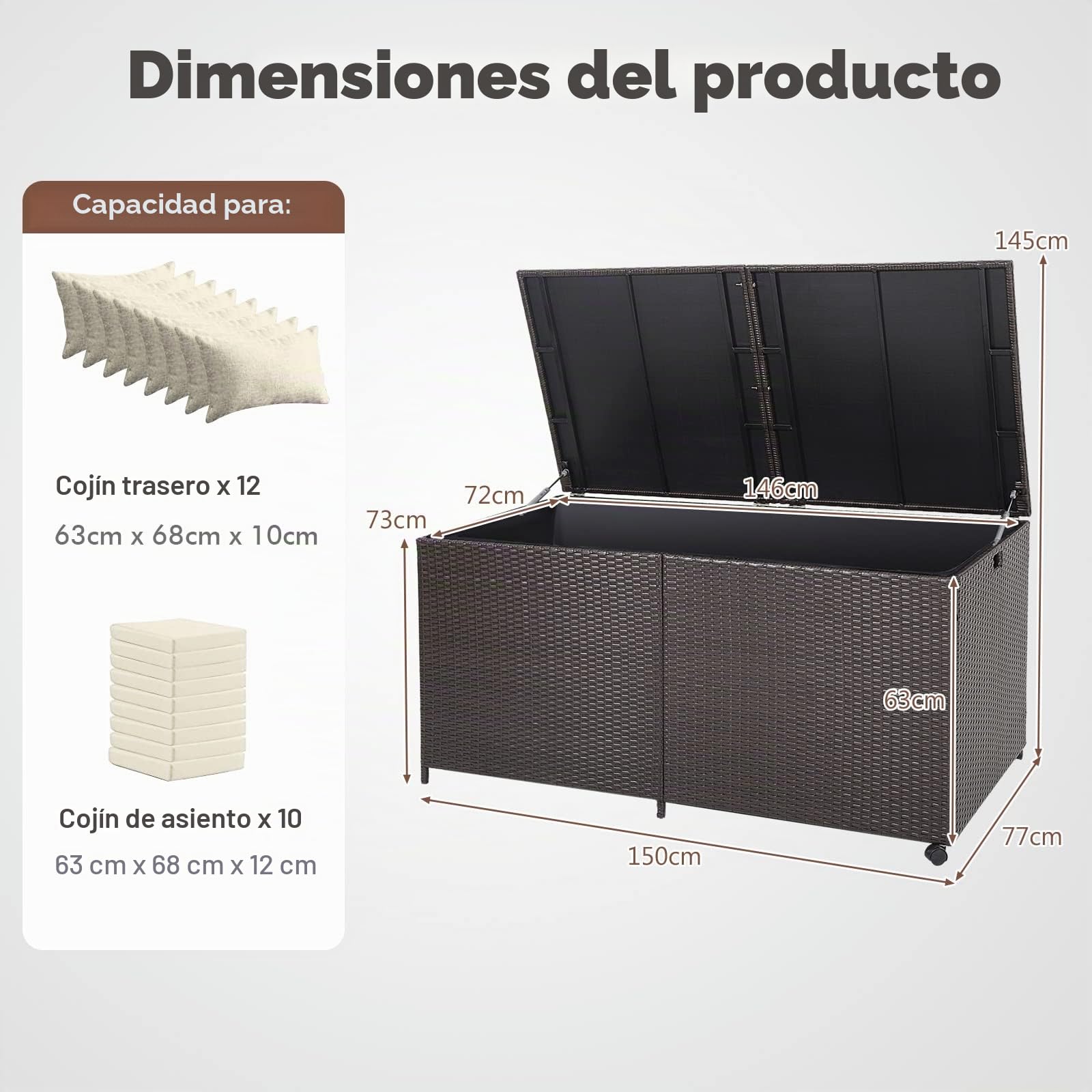 GIANTEX Baúl de Jardín de 662 L de Ratán con Tapa Impermeable | Arcón de Almacenaje con 2 Ruedas y Asa, Interior con Funda Impermeable, 150x77x73 cm, para Balcón Terraza