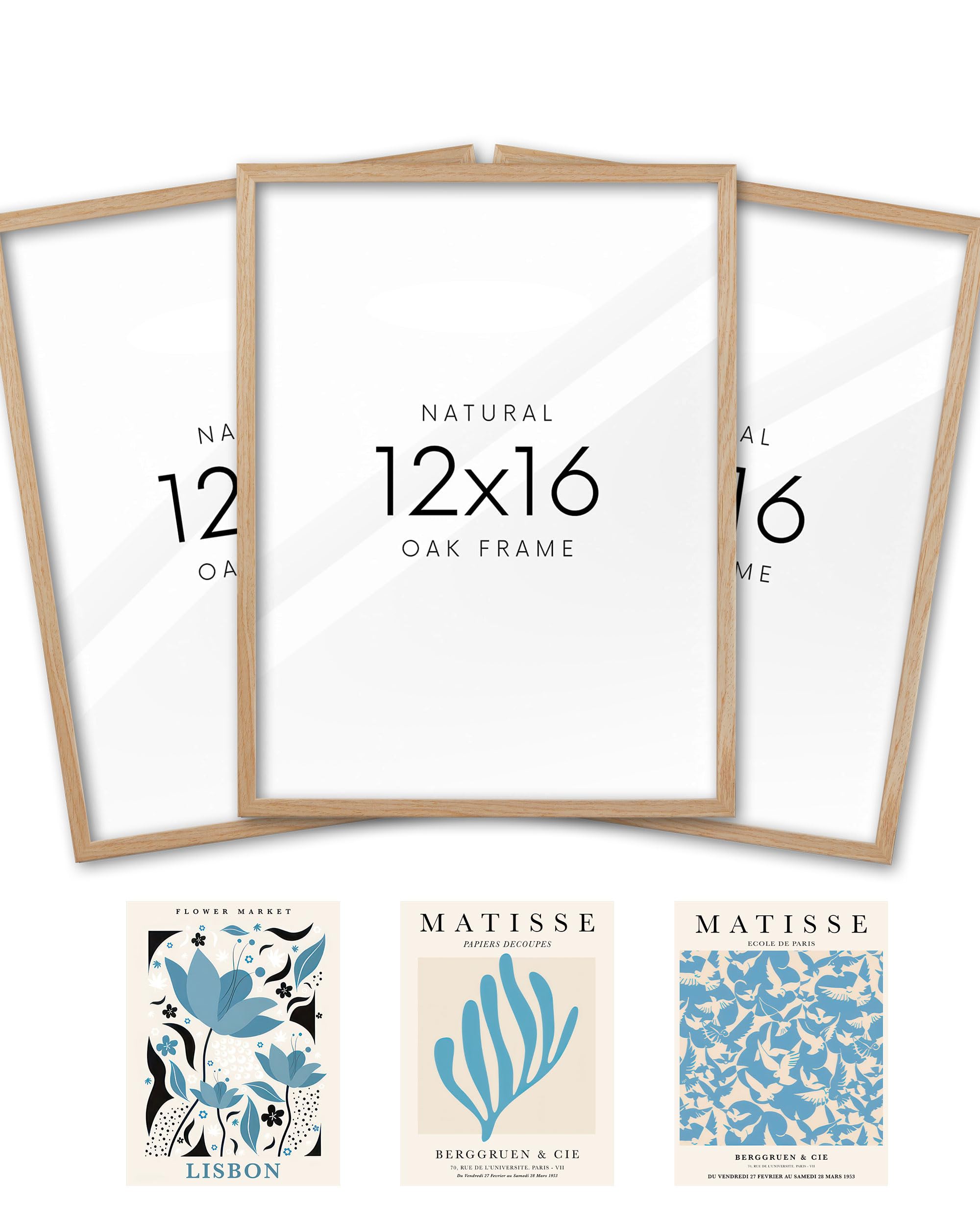 KensTro 12x16 Oak Picture Frames Set of 3 with Blue Art Prints