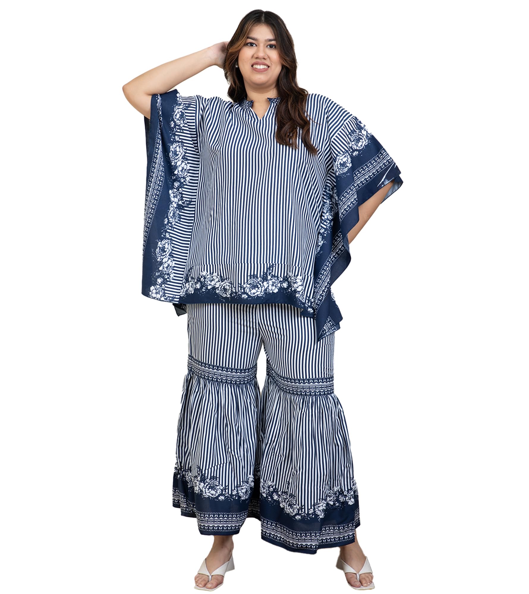 Stripes Print Rayon Kaftan with Sharara Indo Western Plus Size Co-Ord Set for Women's|Mandarin Collar|Ladies Party Outfits Ethnic Summer Collection Stylish Fusion Wear-image-34