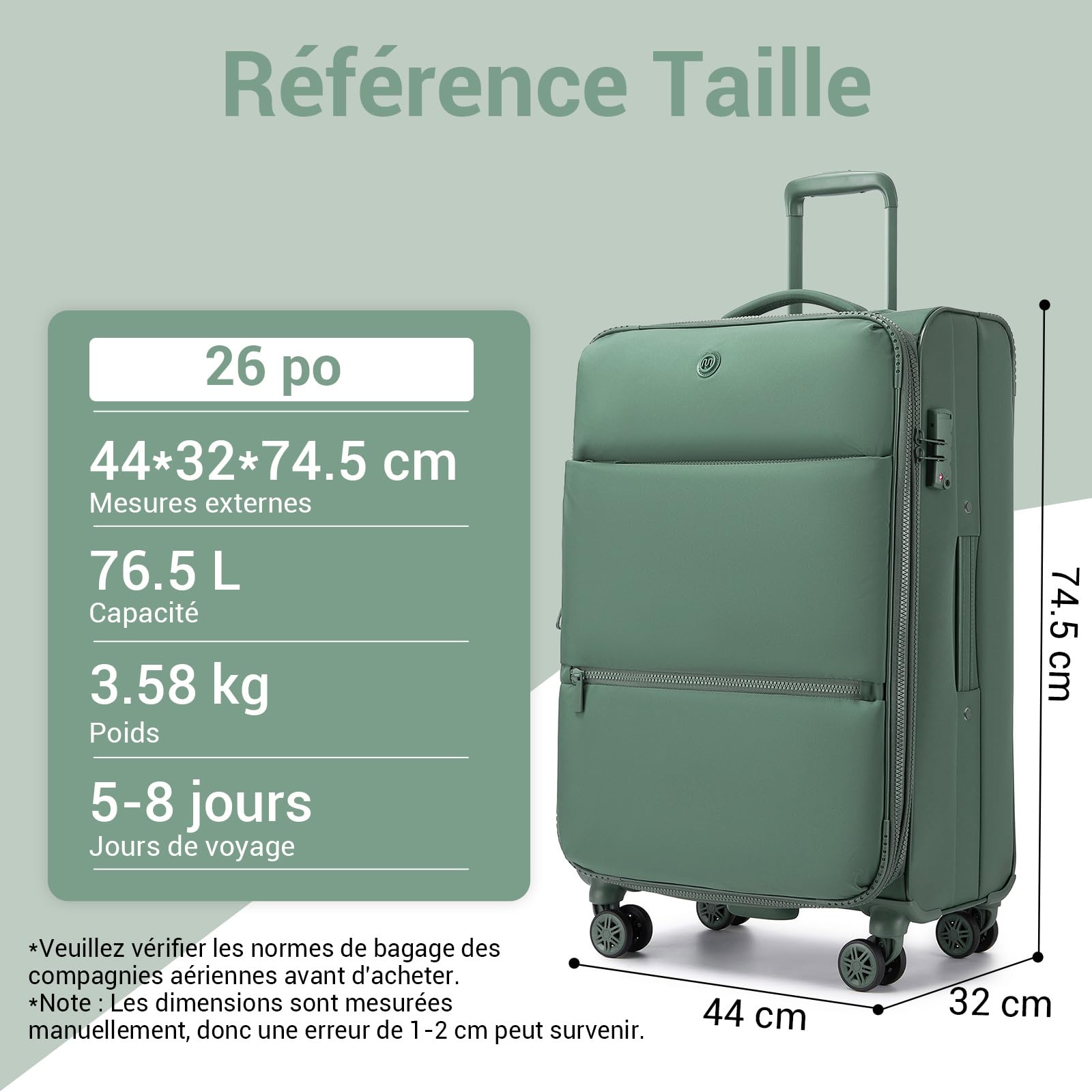 Miss Lulu Valise Moyenne 74.5 cm 76.5L Valise Souple Soute Extensible 5 cm, Valise Voyage Moyen Taille avec Poche Avant, Cadenas TSA, Roulette Valise 360° Silencieuse, Vert
