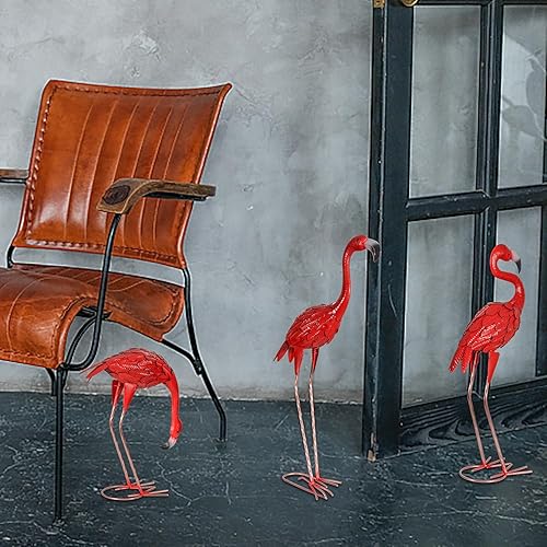 Miniatura 5 de XONOR 3 piezas de estatuas de jardín de flamenco rojo de metal para patio, esculturas de patio al aire libre para el hogar, patio, césped,