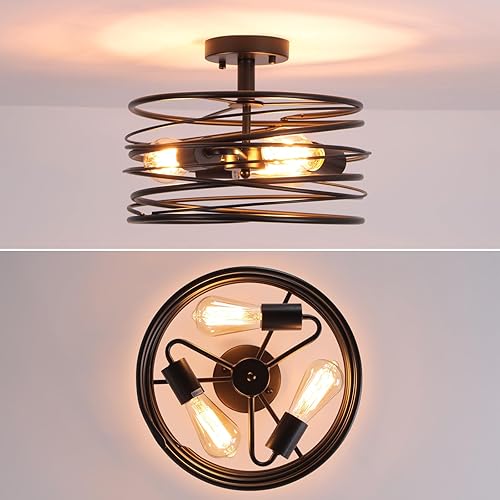 Miniatura 2 de Lámpara de techo semiempotrada de tambor rústico de 3 luces, estilo retro, jaula de metal para comedor, lámpara colgante industrial para entrada,