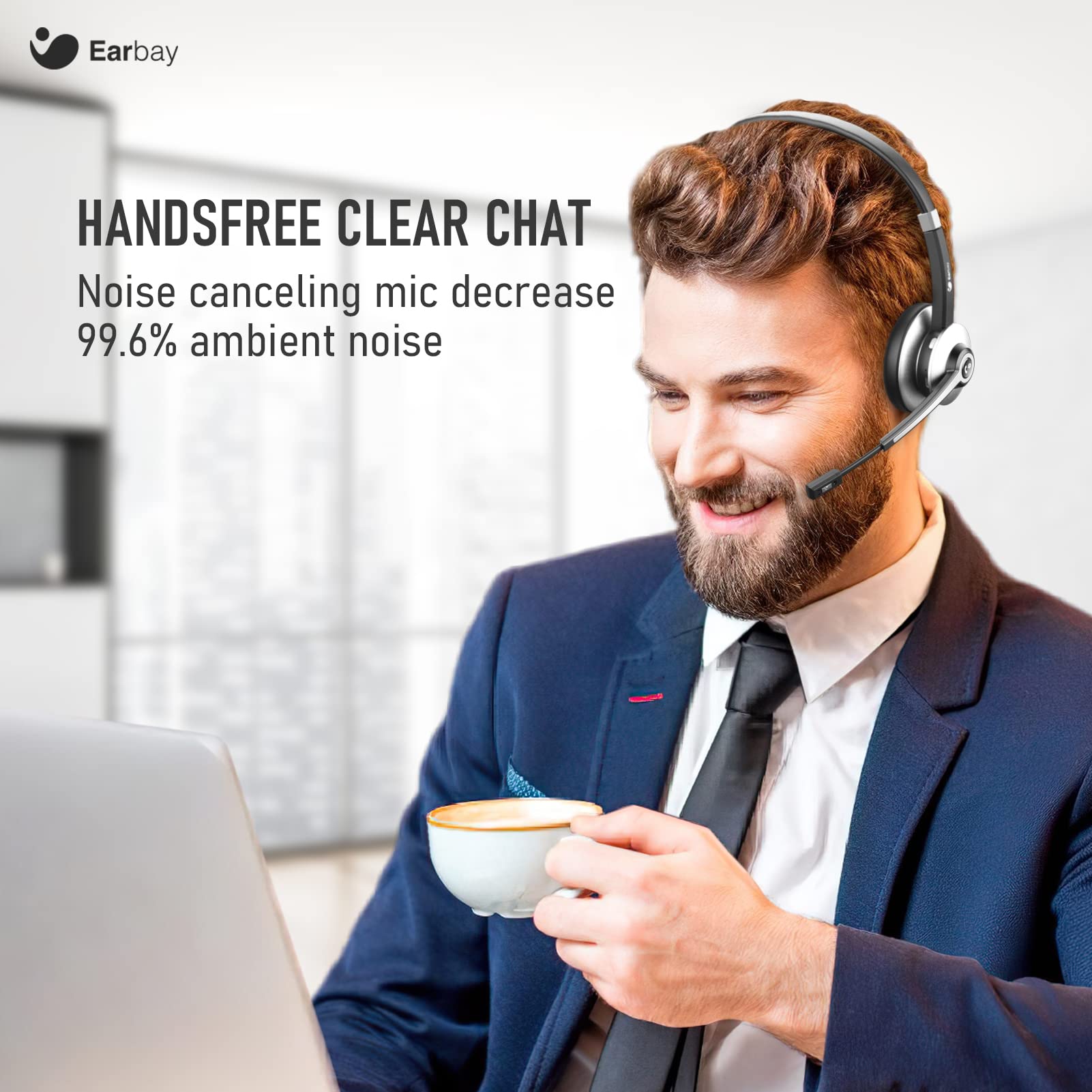 Earbay Bluetooth Headset, Wireless Headset with Mic Noise Canceling, Stereo PC Headphones with Microphone Mute&28H Clear Talking Time for Office/Computer/Smartphones/Skype/Zoom/Meetings/Call Center