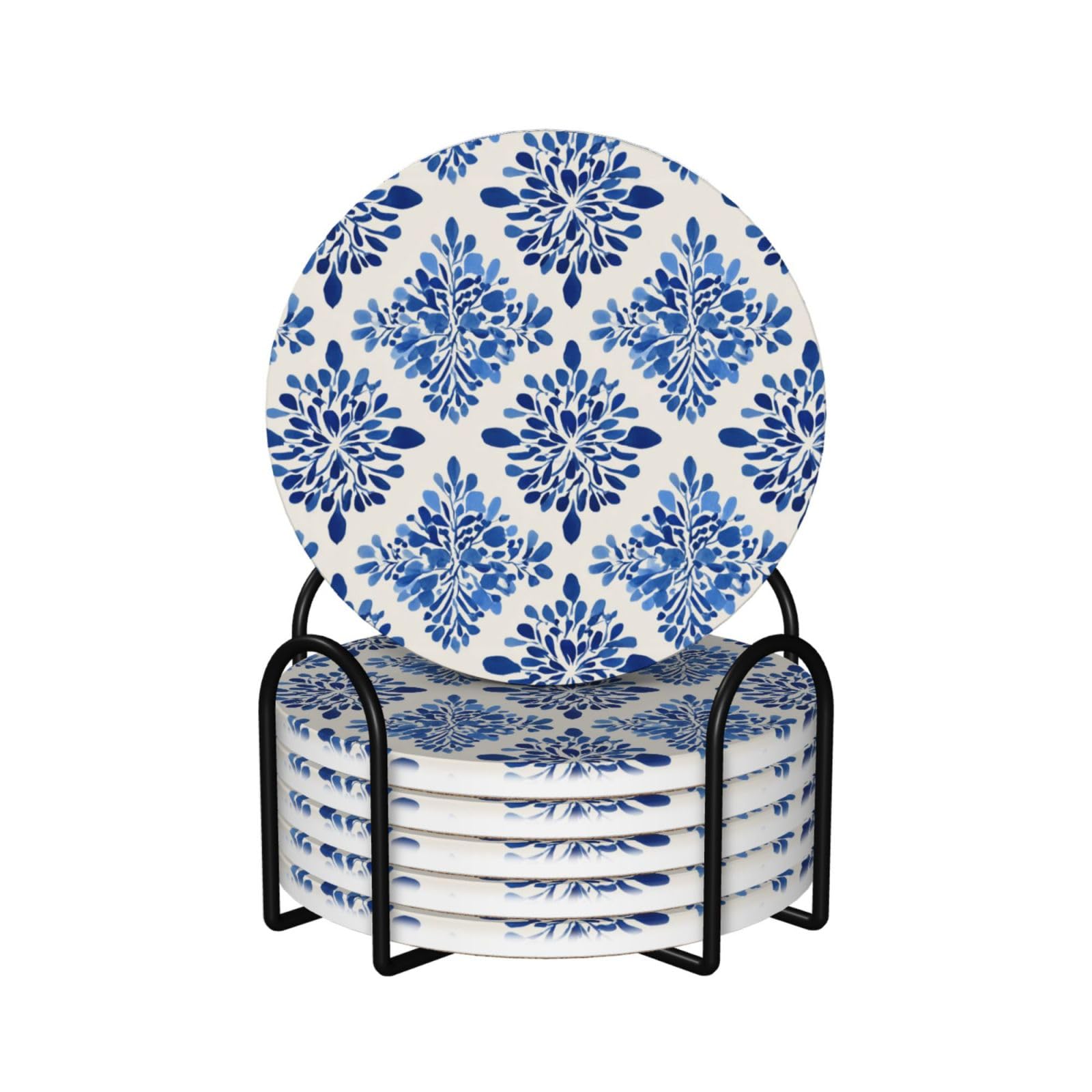 Simple Blue Floral Pattern Ceramic Coasters with Holder 6ps