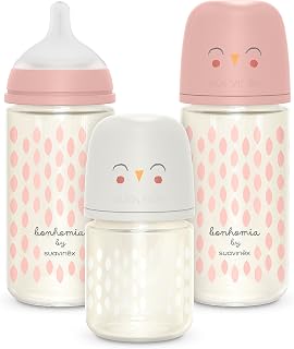 Suavinex Bonhomia Glass Baby Bottle with SX PRO Silicone Nipple, Anti Colic Baby Bottles, Baby Bottles for Breastfed Babies, 3 Pack, Pink/Beige
