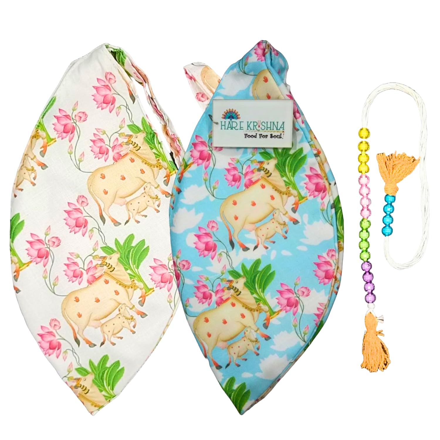 Hare Krishna Food For Soul Cow Calf Printed White & Blue Jaap Mala Bag-Gomukhi Japa Bag with Sakshi Mala & Keychain-Tulsi Jaap Mala Bag (Combo)-image-8