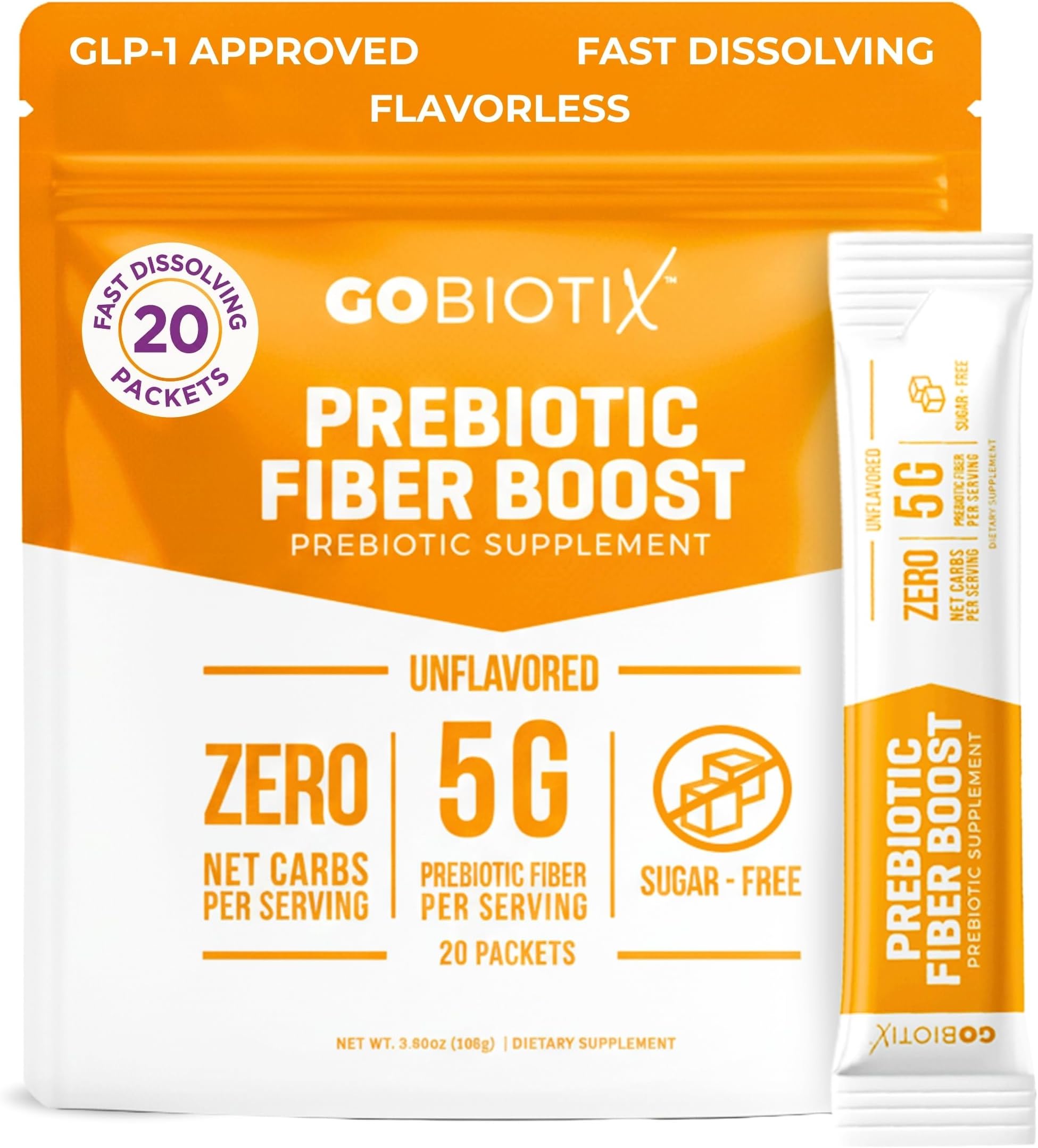 Fiber Supplement Powder with Prebiotics for Digestive Health and GLP-1 Support, Soluble Fiber for Gut Health & Debloat, Keto, Vegan, Gluten & Sugar Free, 20 Servings (Travel)