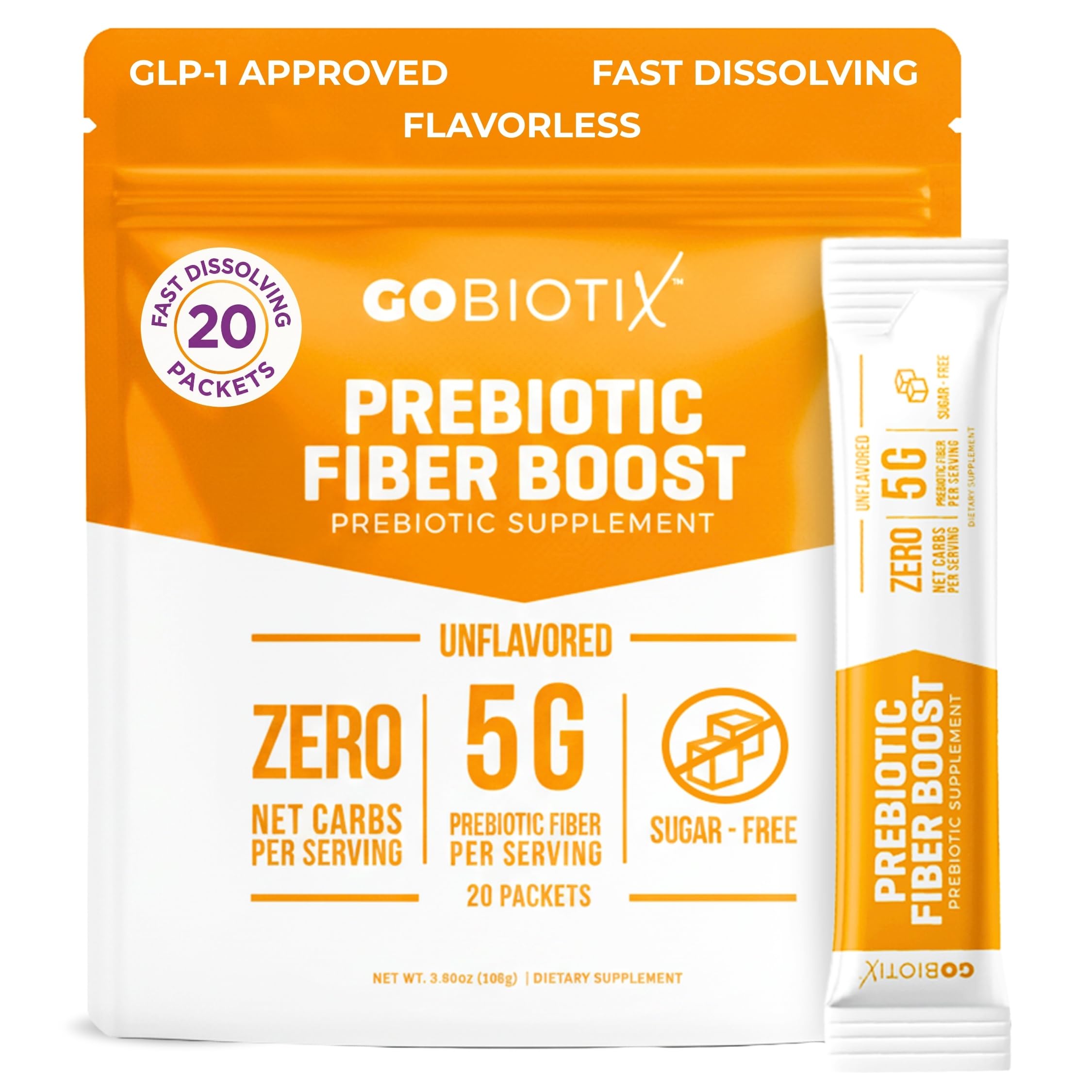 Fiber Supplement Powder with Prebiotics for Digestive Health and GLP-1 Support, Soluble Fiber for Gut Health & Debloat, Keto, Vegan, Gluten & Sugar Free, 20 Servings (Travel)