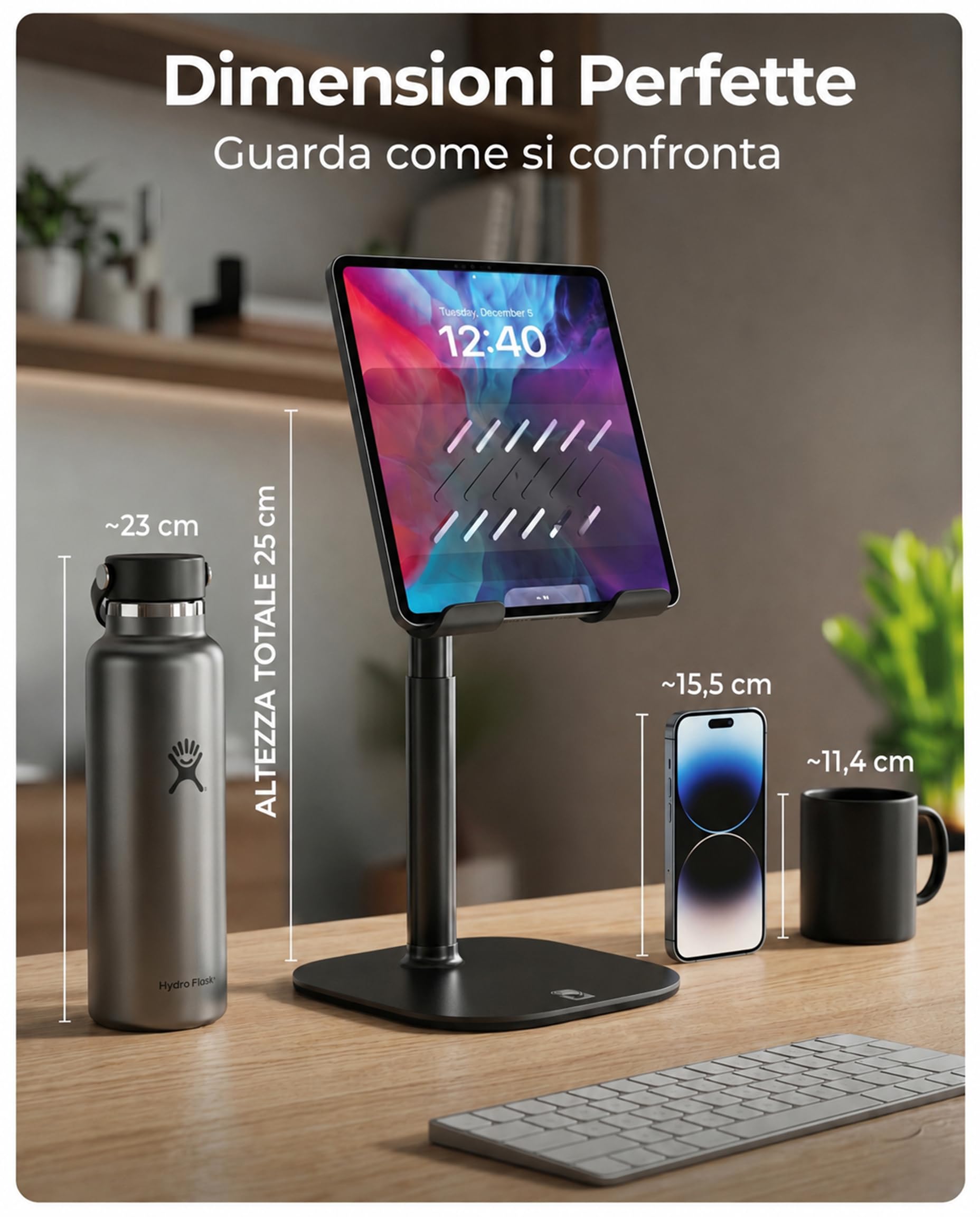 COOPER TabHolder Regolabile in Altezza Base Tablet 7-10" Stand iPad Scrivania per Monitor 15,6-17" Inclinazione 270° Nero Notte