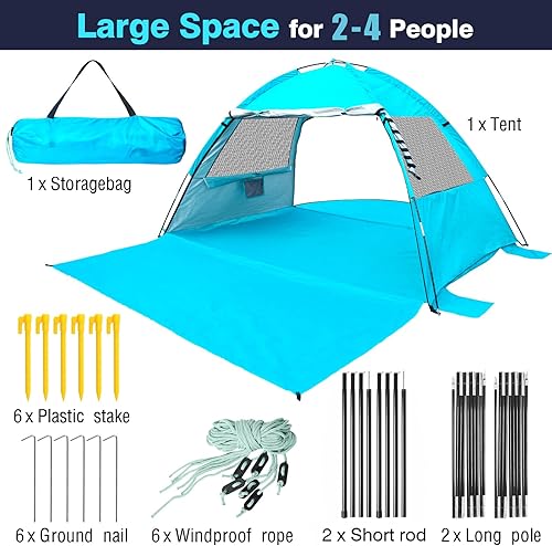 Miniatura 2 de DLUCKY Tienda de campaña de playa para 123456 personas, protección solar portátil anti-UV UPF 50+, suelo extensible en ambos lados, toldo