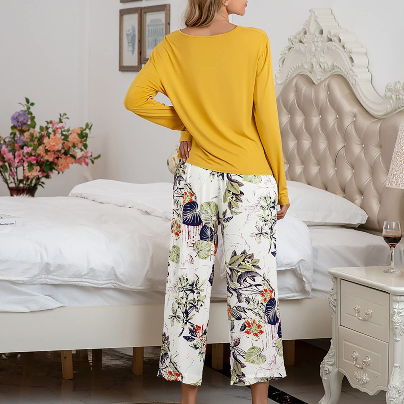 Pijamas de algodón para mujer, ropa de dormir cómoda, casual, holgada, mezcla de algodón, conjunto de ropa de descanso con cuello redondo, ropa de dormir cepillada suave, ropa de dormir de talla
