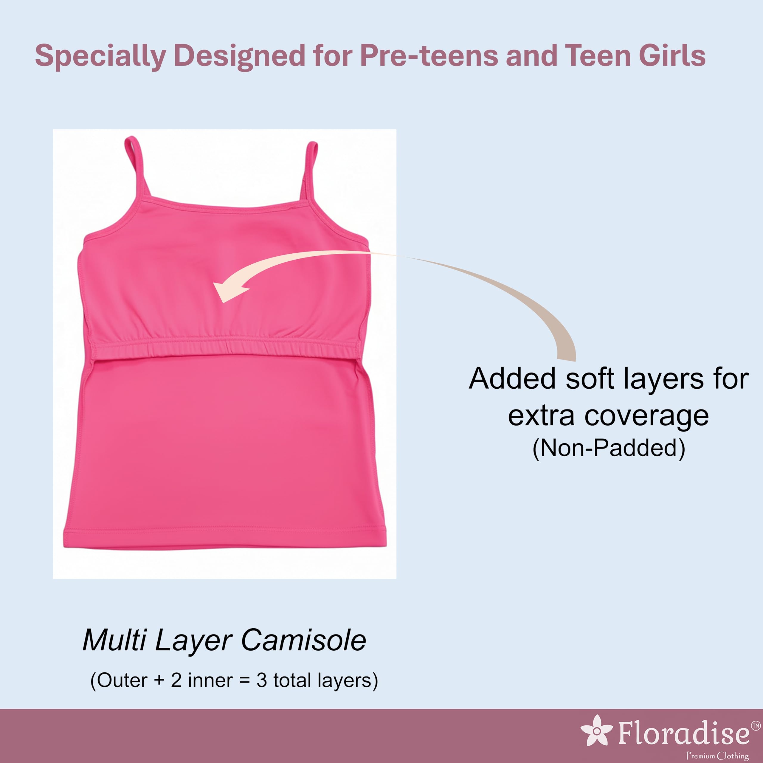 Floradise Camisole | Slips for Girls 9-16 Years | Pack of 1 |Triple-Layer Fabric at Chest Panel | Non-Padded | Perfect for School (in, Age, 9 Years, 10 Years, Regular, Lite Pink)