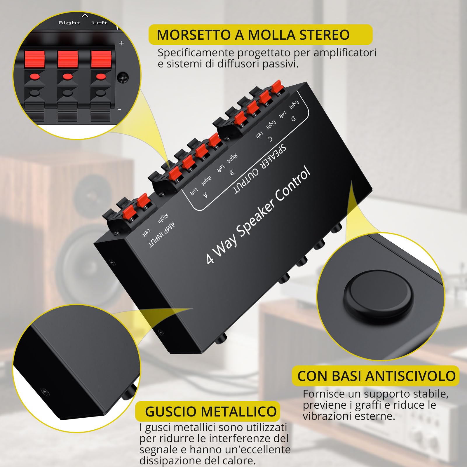 PROZOR Commutatore Altoparlanti 4 Zone Switch Passivo 1 Ingresso 4 Uscite 150W/Canale Selettore Passivo Altoparlanti 4 Zone Controllo Indipendente Zone A/B/C/D con Interruttore Master