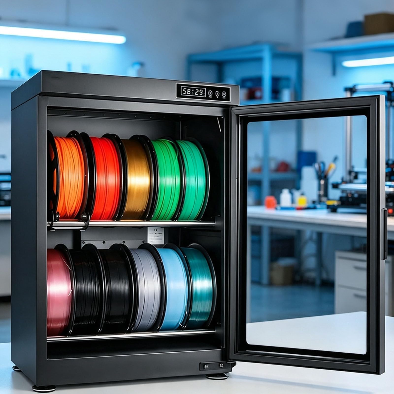 Armadio a Secco per Filamenti 3D, Scatola Anti-umidità, Deumidificazione Rh15%-Rh60% 70L | Contiene 10-12 Bobine, Ideale per PLA, ABS, TPU, PA E Stampa 3D Casa Lavoro