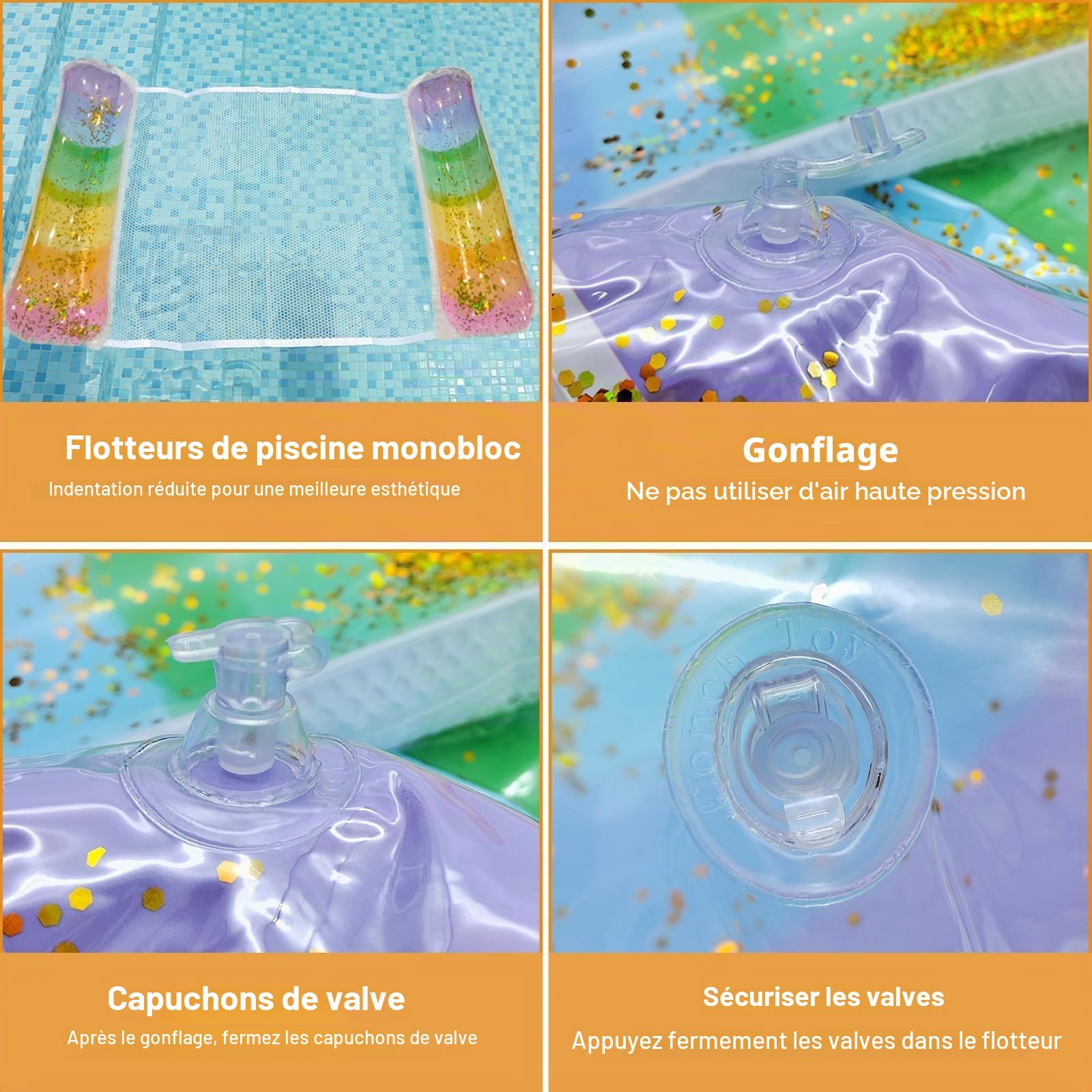 Lot de 2 hamacs flottants d'extérieur en PVC éco, 4-en-1 renforcé | 2 sacs étanches IPX8 avec pompe à air manuelle, matelas suspendu gonflable pour piscine, lac, plage, dégradé sequin