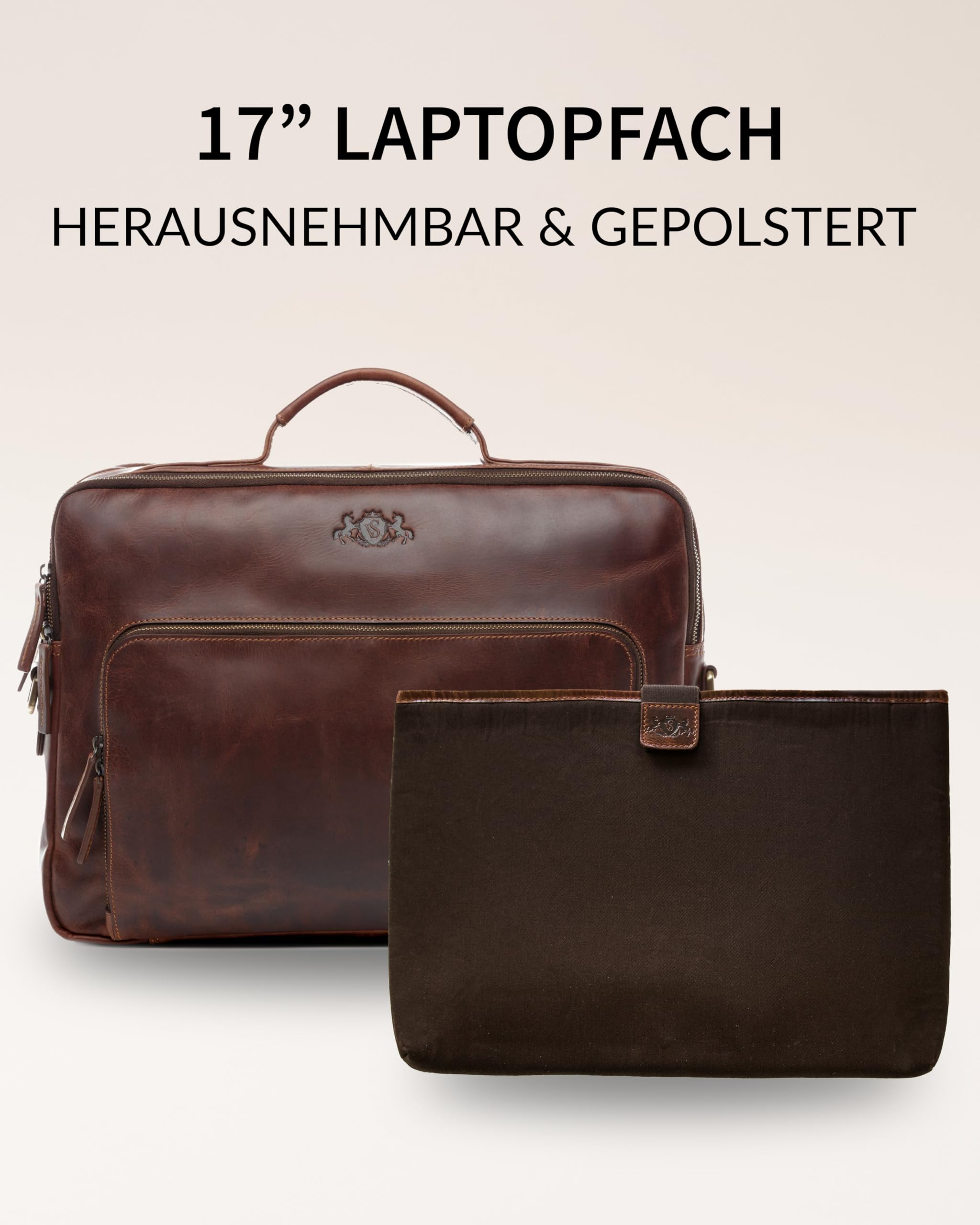 SID & VAIN große Laptoptasche mit Frontfach echt Leder - 15 bis 17 Zoll Laptop Business-Tasche SIMON XL - Umhängetasche Aktentasche extra Laptop-Hülle - Herren Damen braun handgefertigt