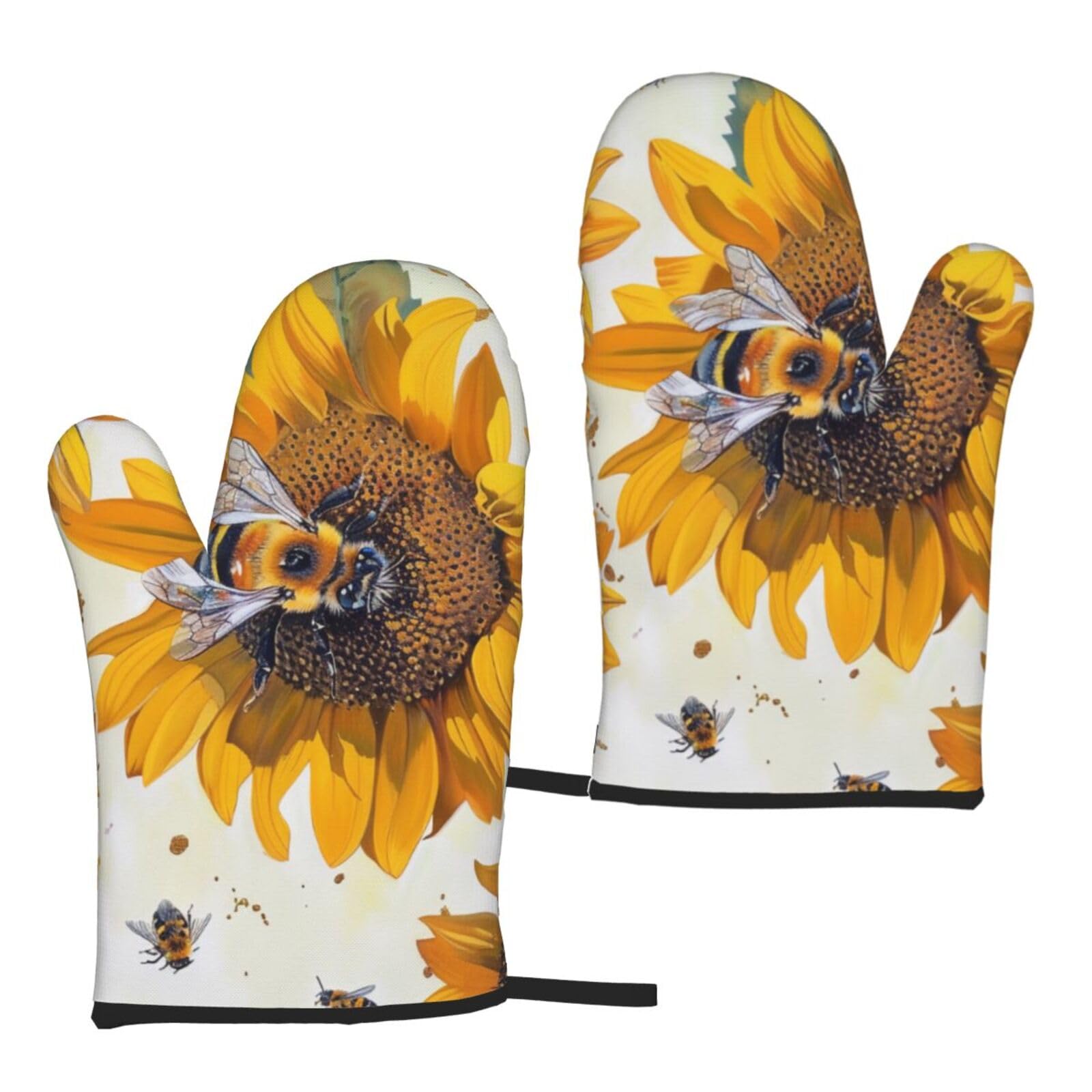 Aubkfeld Bee On Sunflower Printed Oven Mitts 2 Pcs - Heat Resistant Waterproof Bbq Oven Gloves For Cooking Baking Grilling