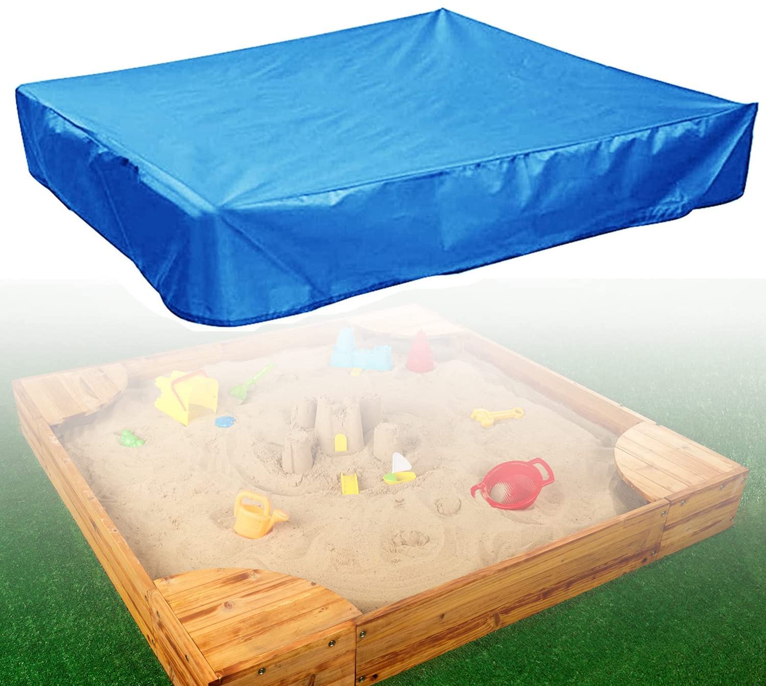 COOSOO Sandbox Cover Waterproof Dustproof UV Protection Square Sandpit Pool Cover with Drawstring Avoid the Sand and Toys Contamination,150x150cm Oxford Cloth Blue Outdoor Furniture Garden Cover