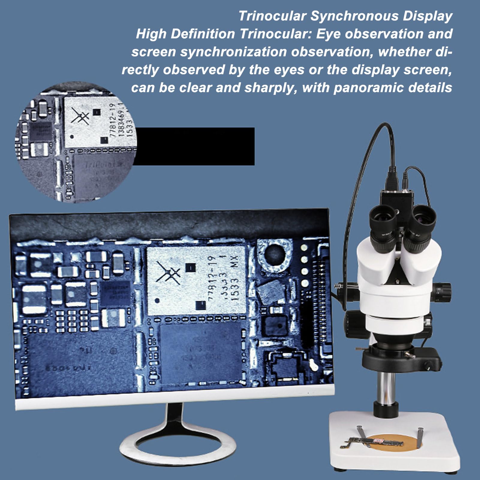 Microscopio Estéreo Trinocular, Microscopio con Zoom Estéreo de Silicona ABS, Aumento de 7X a 45X, Objetivo de 0,7X a 4,5X, Ocular 10X para Reparación y Soldadura de Electrónica