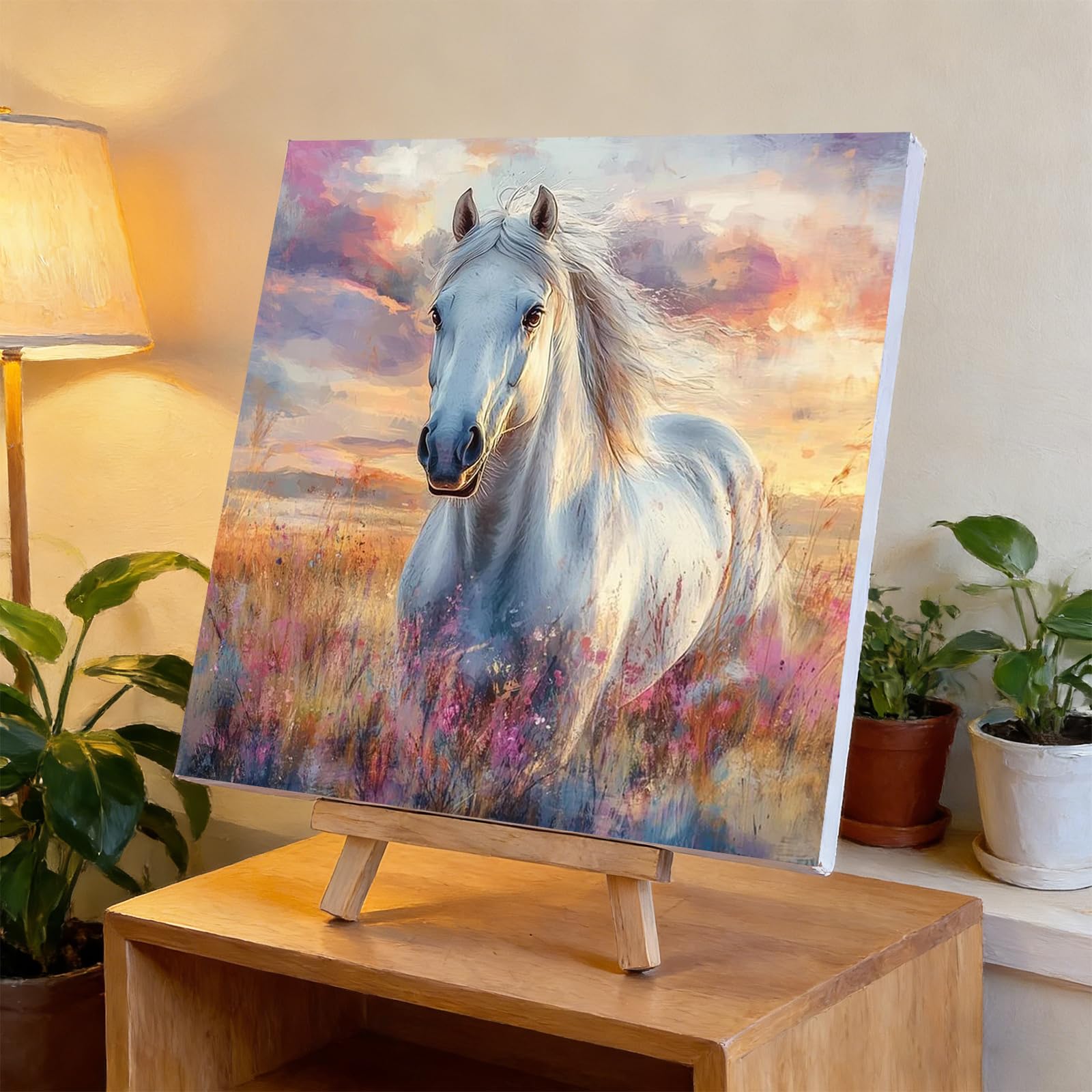 DIY Field Horse Paint by Numbers Kits Drawing Paintwork on Canvas 17.72x17.72inch Without Frame Canvas Oil Painting Number Painting for Beginners Adults Gift Home Wall Decor