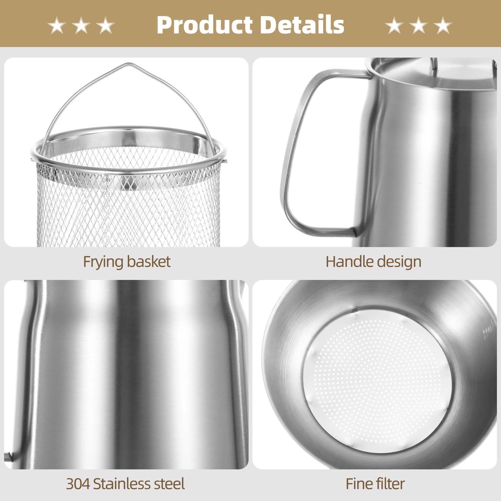 Pot de filtre à huile en acier inoxydable de 2 L, pot de cuisine multi-usage avec passoire à mailles fines, panier à frire et couvercle pour filtrer le thé, le café et l'huile