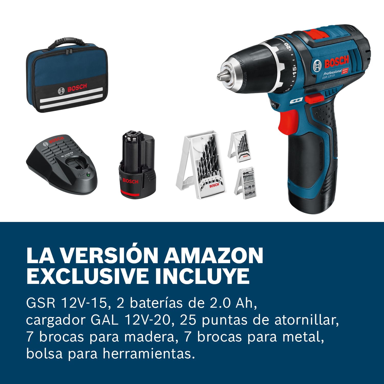 Bosch Professional 12V System atornillador a batería GSR 12V-15 (incl. 2 baterías de 2,0, cargador, set de 39 accesorios, bolsa de herramientas) - Set exclusivo de Amazon