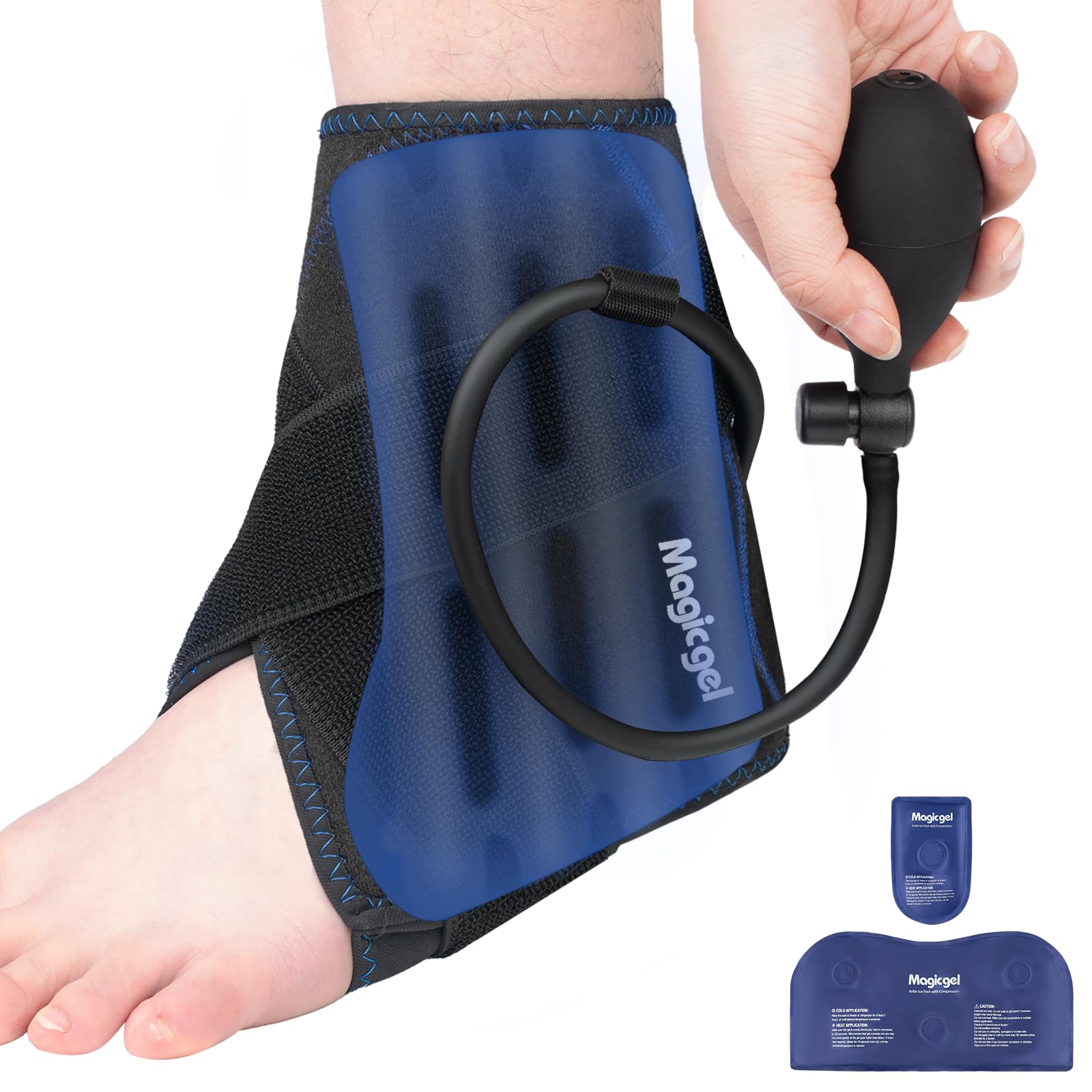 Magic Gel Bolsa de Hielo para Tobillo con Compresión – Bolsa Frío Calor para Tobillo, Talón y Pie – Alivio para Esguince, Hinchazón y Tendinitis de Aquiles – Wrap con Bomba de Aire y 2 Packs