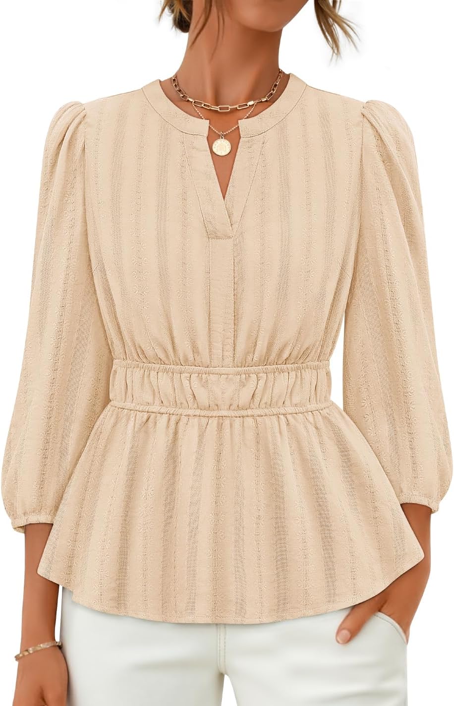 ZESICA Women's 2026 Fall Babydoll Peplum Tops V Neck Puff 3/4 Length Sleeve Shirts Dressy Casual Blouses