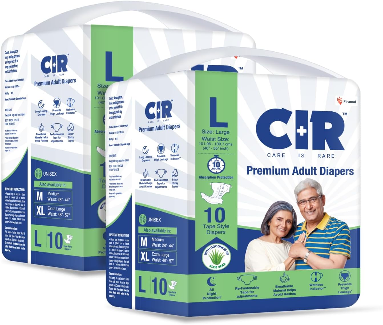CIR Premium Adult Diaper - Tape Style | All Night Protection With Aloe Vera | Large (L) Size | Waist (101-140Cm|40"-55") | 20 Units - Unisex