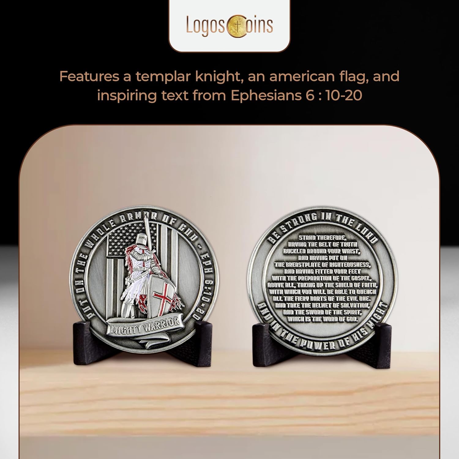 10pc Templar Knight Armor of God Challenge Coin - 1.75" Antique Silver-Plated Religious Christian Coin w/Bible Verse - Motivational Commemorative Coins - Faith Based Gifts for Collectors, Bible Study