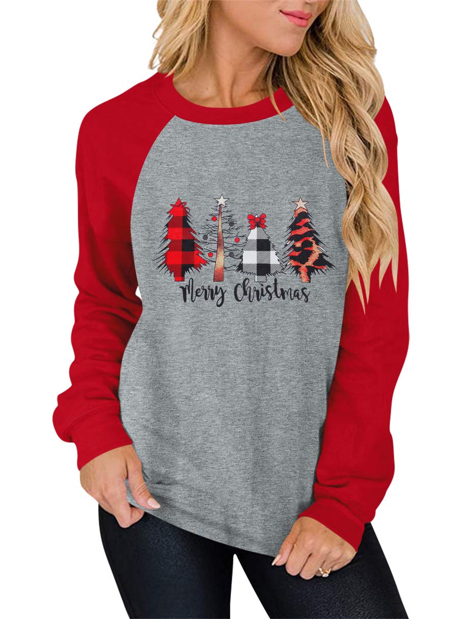 Women Christmas Sweatshirt Crewneck Long Sleeve Xmas Holiday Raglan Shirt Tops