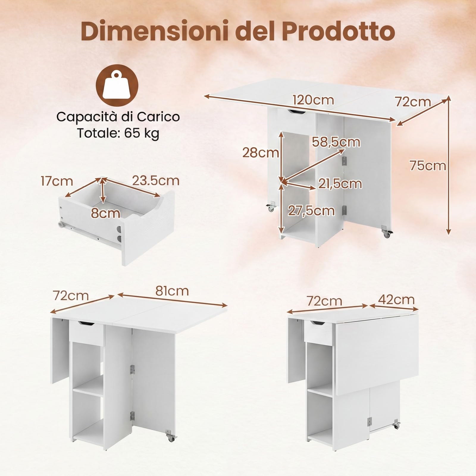 COSTWAY Tavolo da Pranzo Pieghevole, Tavolo Salvaspazio per 4-6 Persone con 2 Ripiani, Cassetto e Ruote a Freno, Tavolino Cucina per Cucina, Soggiorno e Ufficio, 120 x 72 x 75 cm (Bianco)