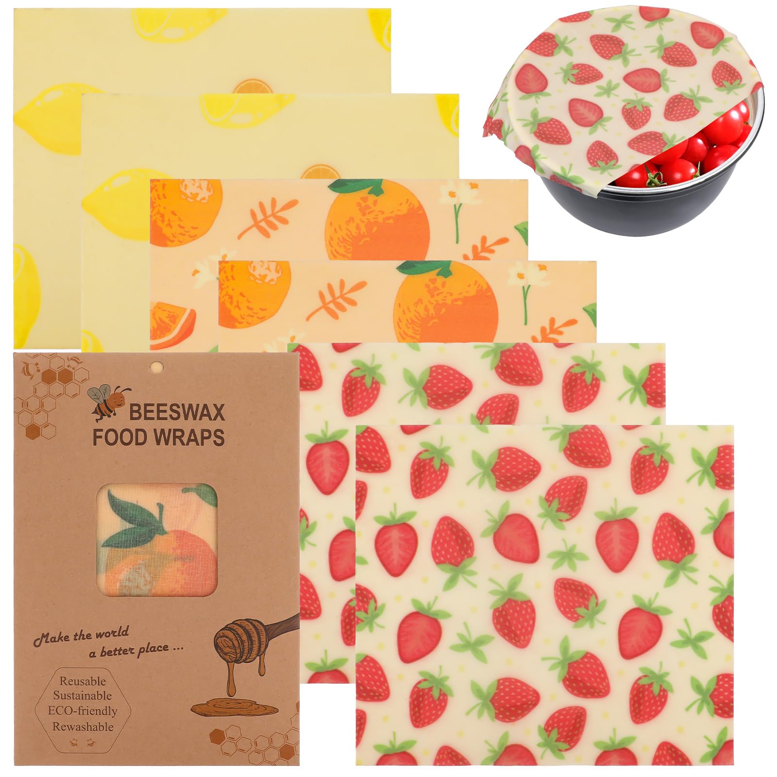 PtwolaReusable Beeswax Wrap 6Pcs Beeswax Wraps for Food Eco-Friendly Beeswax Food Wraps Bread Sandwich Wrapper Organic Sustainable Zero Waste Plastic-Free Food Storage Wrap