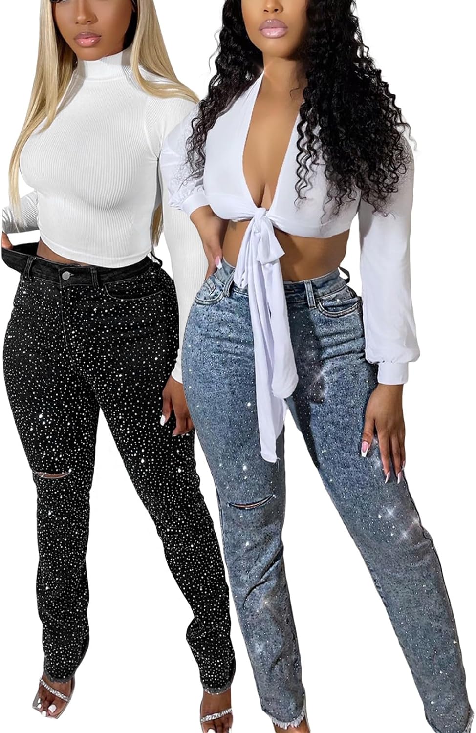 Women's Rhinestone Jeans Stretchy Skinny High Waisted Jeans Sparkly Ripped Slim Fit Sexy Butt Lifting Denim Pants
