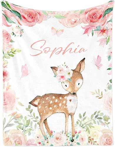 Manta personalizada de ciervo con nombre para niña, manta personalizada con nombre para niños, manta suave de franela de ciervos, regalo