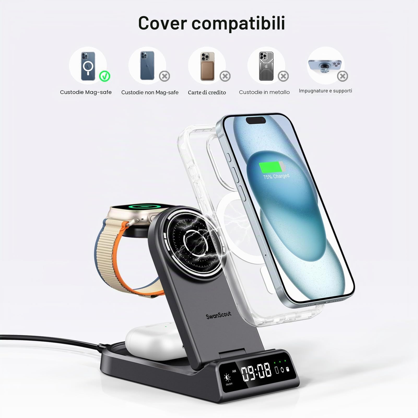SwanScout Mag-Safe Caricatore Wireless Pieghevole, 4 in 1 Stazione di Ricarica per iPhone Air/17/16/15/14/13 Series, SwanScout 702M, Magnetico Caricabatterie per Apple Watch Ultra 3/11/10/9/8/7/6