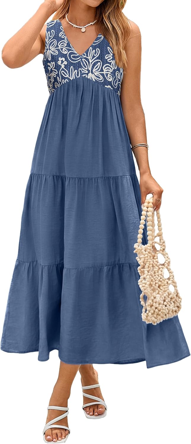 Glamaker Womens White Maxi Dress Flowy Lightweight Boho Beach Sundress Summer Vacation Resort Wear