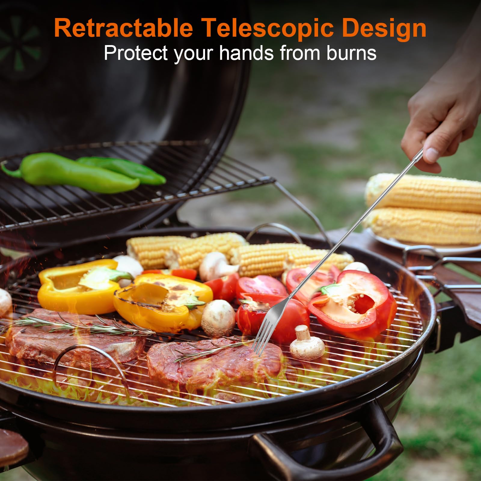 4 Pcs Forchetta Allungabile, Forchetta Telescopico in Acciaio Inox, Forchette Allungabili con Manico Regolabile 23–64,5 cm, Compatte per BBQ, Cucina, Frutta, Dessert
