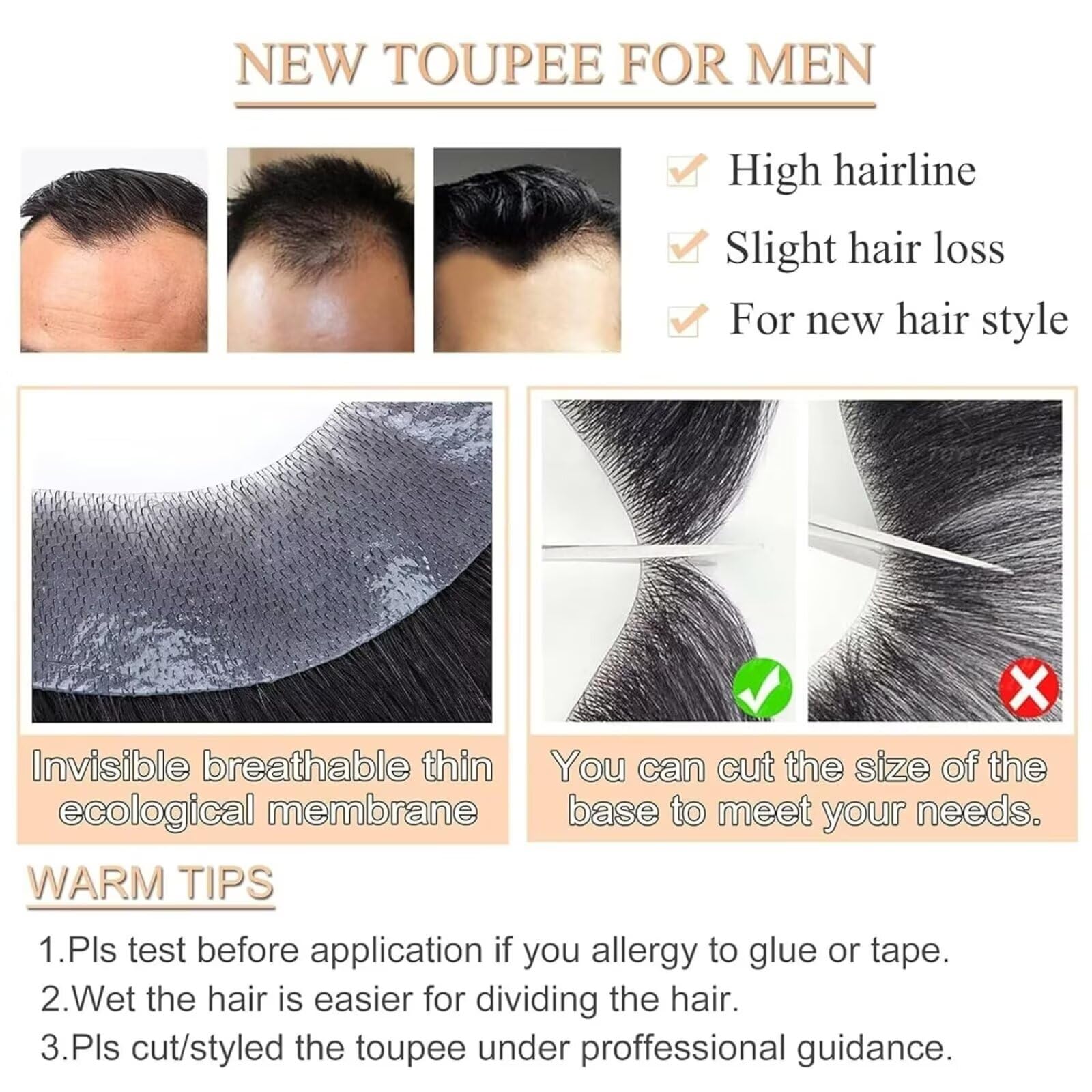 Parrucca frontale per uomo, con attaccatura dei capelli sulla fronte, toupet con anello a M in PU skin, toupet per attaccatura dei capelli naturale, nero 1,5x16 cm