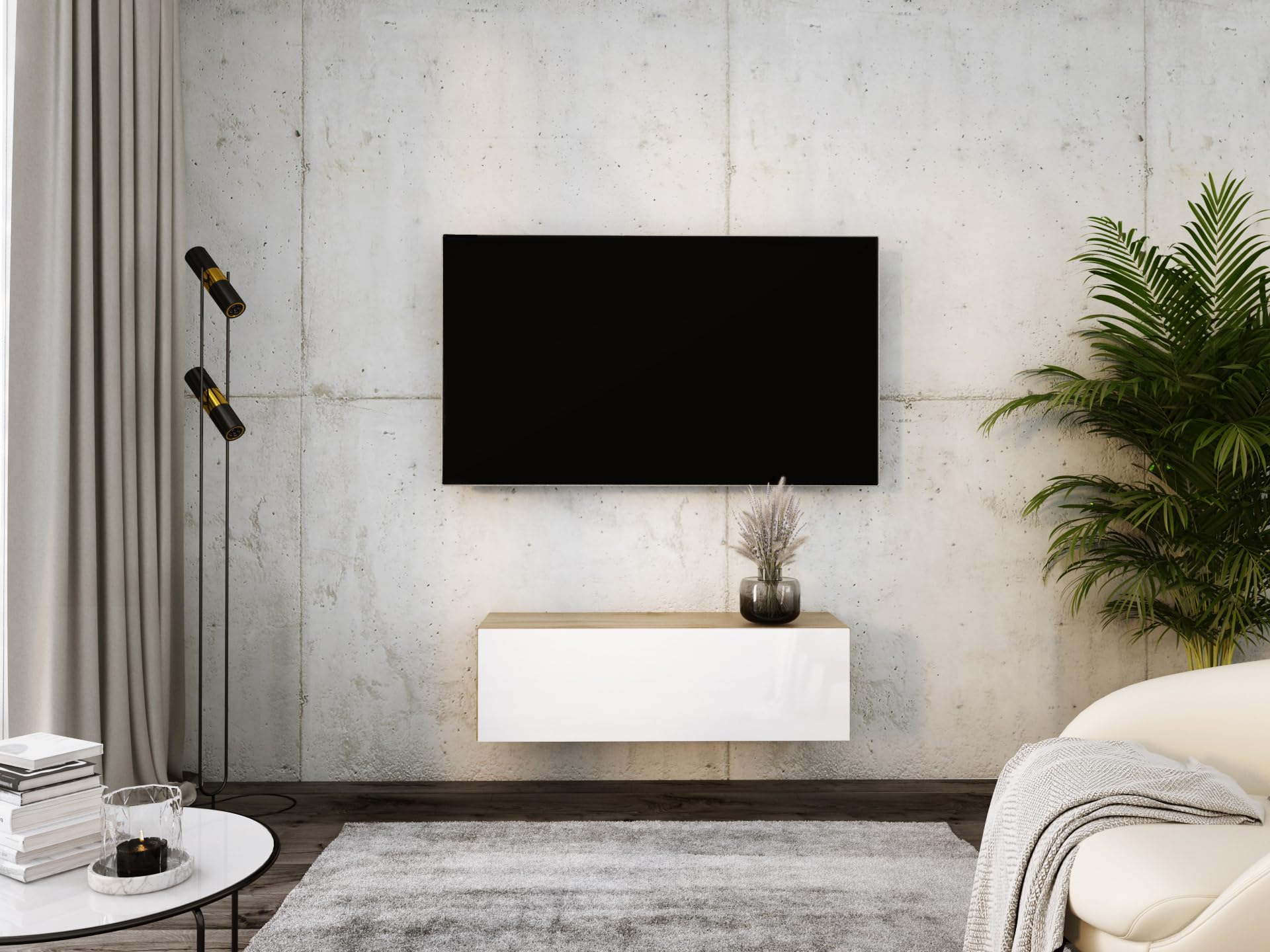 Mueble de TV Colgante, (100 x 34 x 32 cm), Color Roble wotan/Blanco Brillante