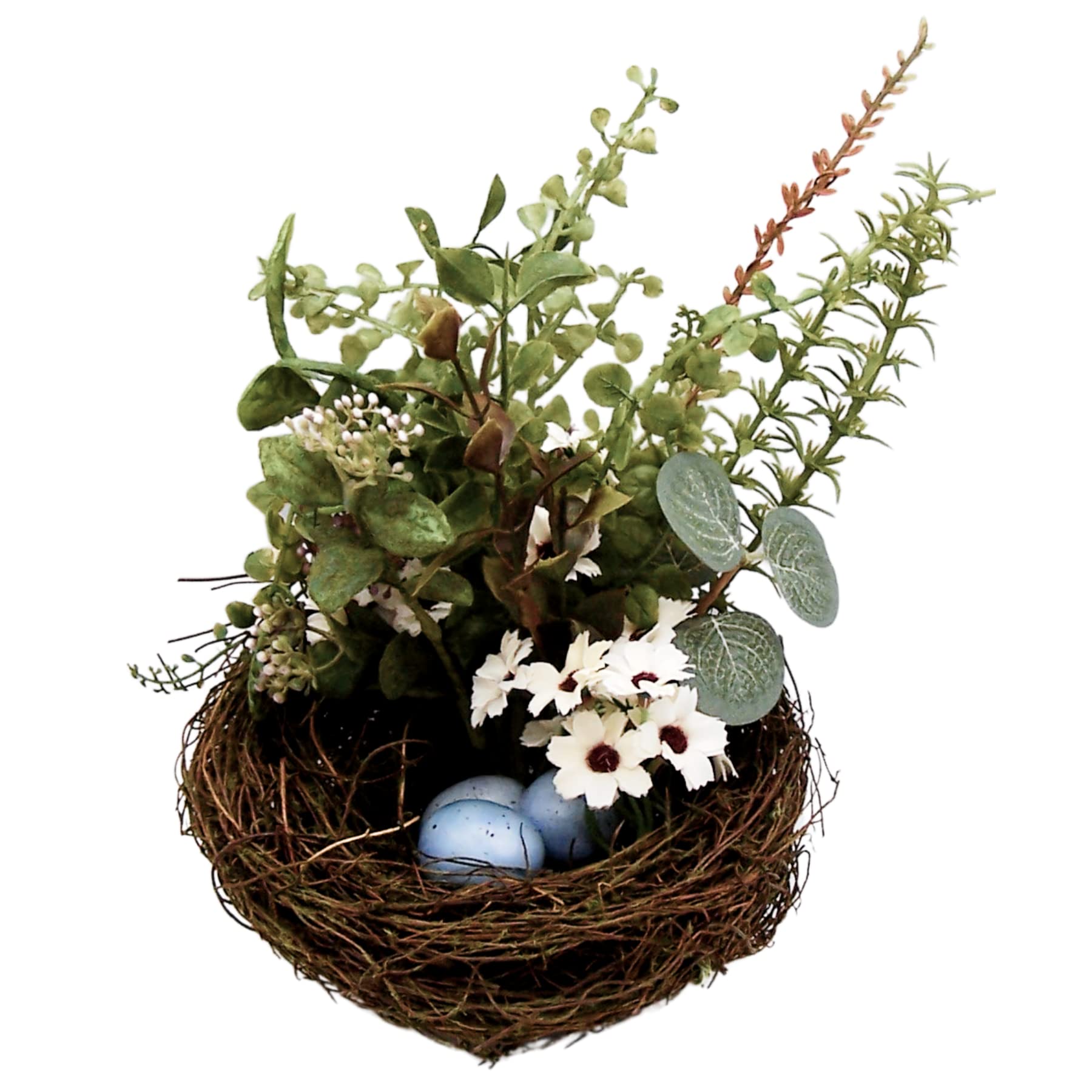 Wowser Faux Bird's Nest with Pastel Speckled Eggs and Floral Accents, Decorative Easter Accent, Spring Decoration, 10 Inches