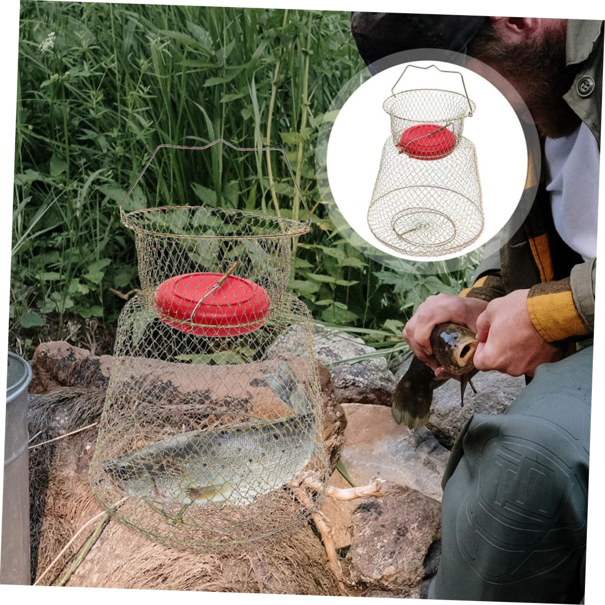 Kisangel Panier à Poisson en Fer Panier à Crevettes pour La Pêche Filet De Pêche Panier à Poisson Flottant Pièges Panier à Poisson pour Poisson Pêché Panier à Poisson Pliable Le Fer