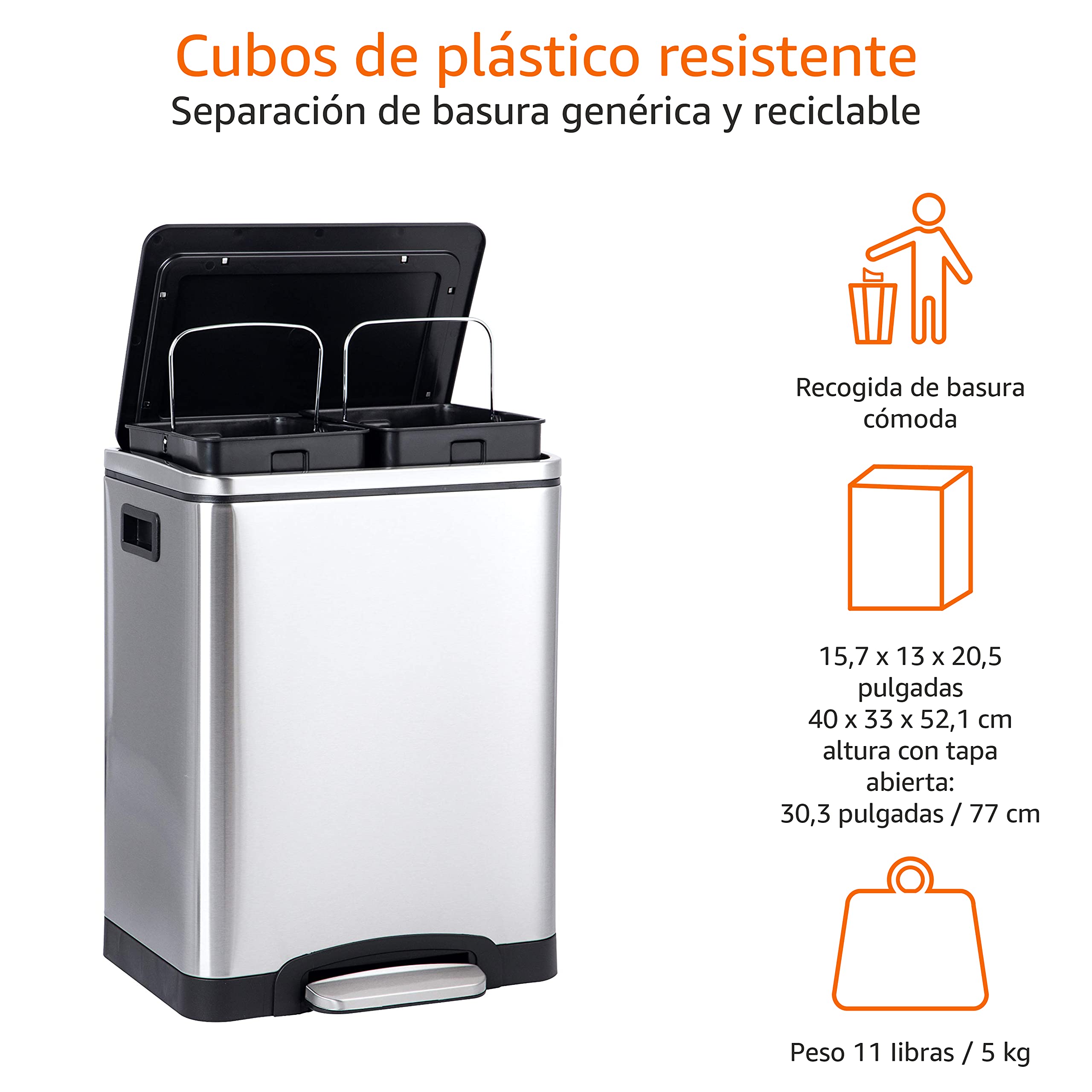 Amazon Basics Bote de basura de 2 x 15 L (30L) con dos compartimentos y pedal de tubo de acero, cierre suave con tapa, para cocina, baño u oficina, rectangular, satinado, Plateado
