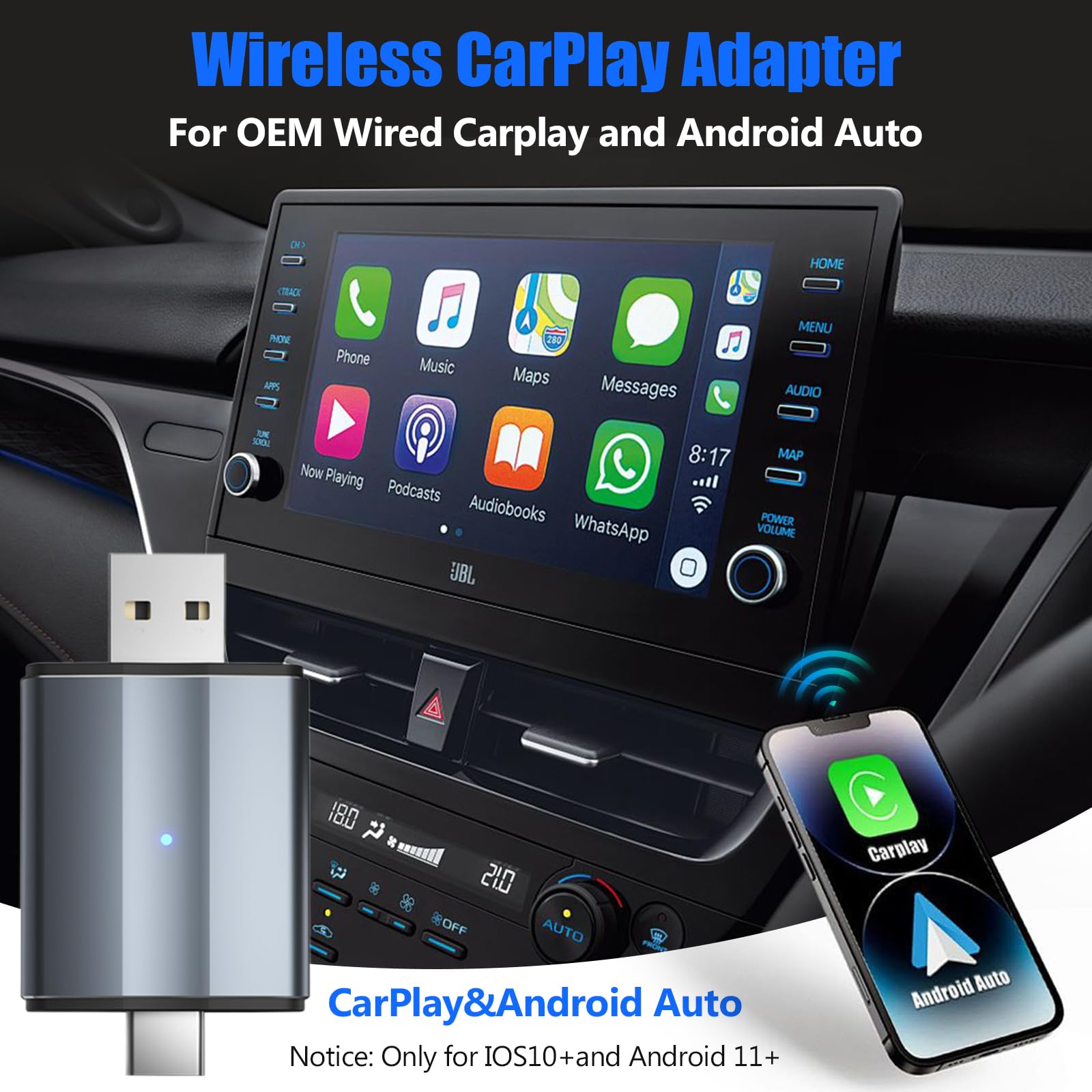 Romon Bezprzewodowy adapter Carplay 2025 Android Car Mini Edition bezprzewodowa do iPhone'a [Type-C i USB, Plug&Play] kompatybilny z pojazdami od 2016 roku, bezprzewodowy adapter 2-w-1, 5 GHz WiFi,