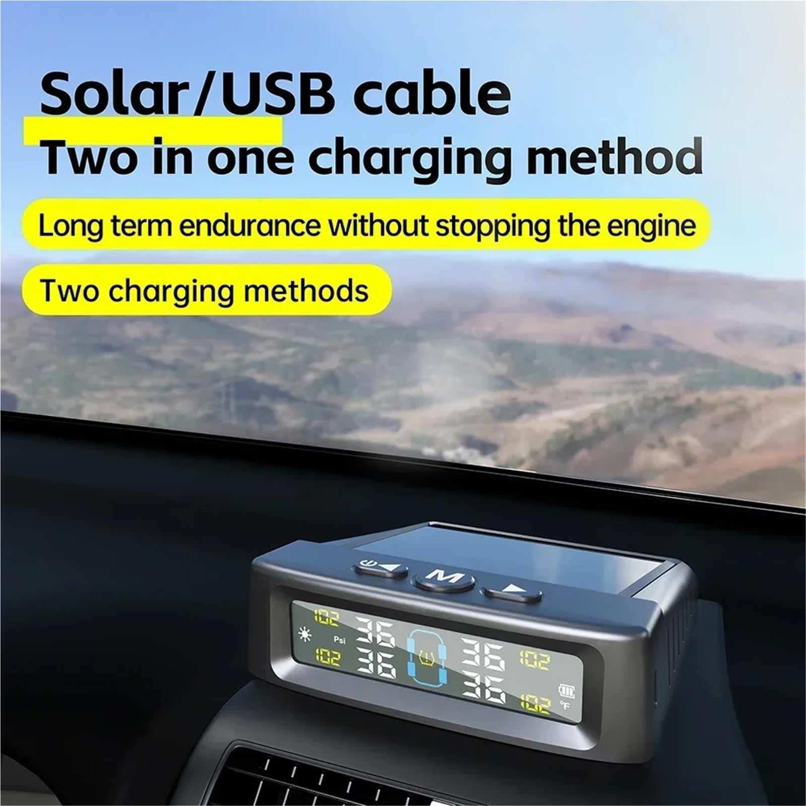 Allarme per Auto di Sensori Sistema di Monitoraggio della Pressione dei Pneumatici TPMS | Sistema di allarme di sicurezza per auto Wireless solare e alimentato tramite USB 4 sensori(Built-in)
