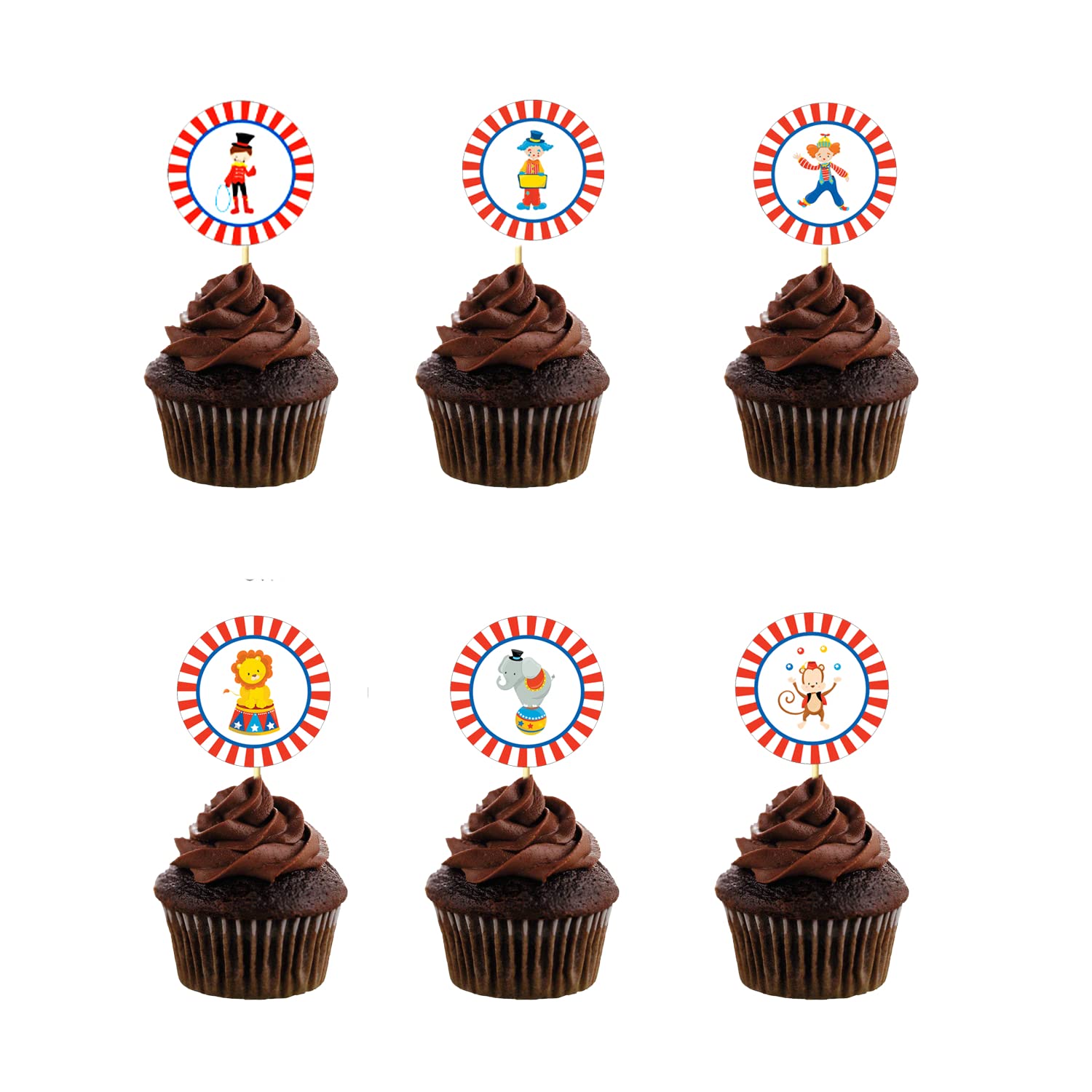 Beeban Carnival Theme Cupcake Toppers - Fun and Colorful Decorations for Birthday Parties & Festive Events | Circus Animal & Funfair Designs | Party Supplies - Pack of 12