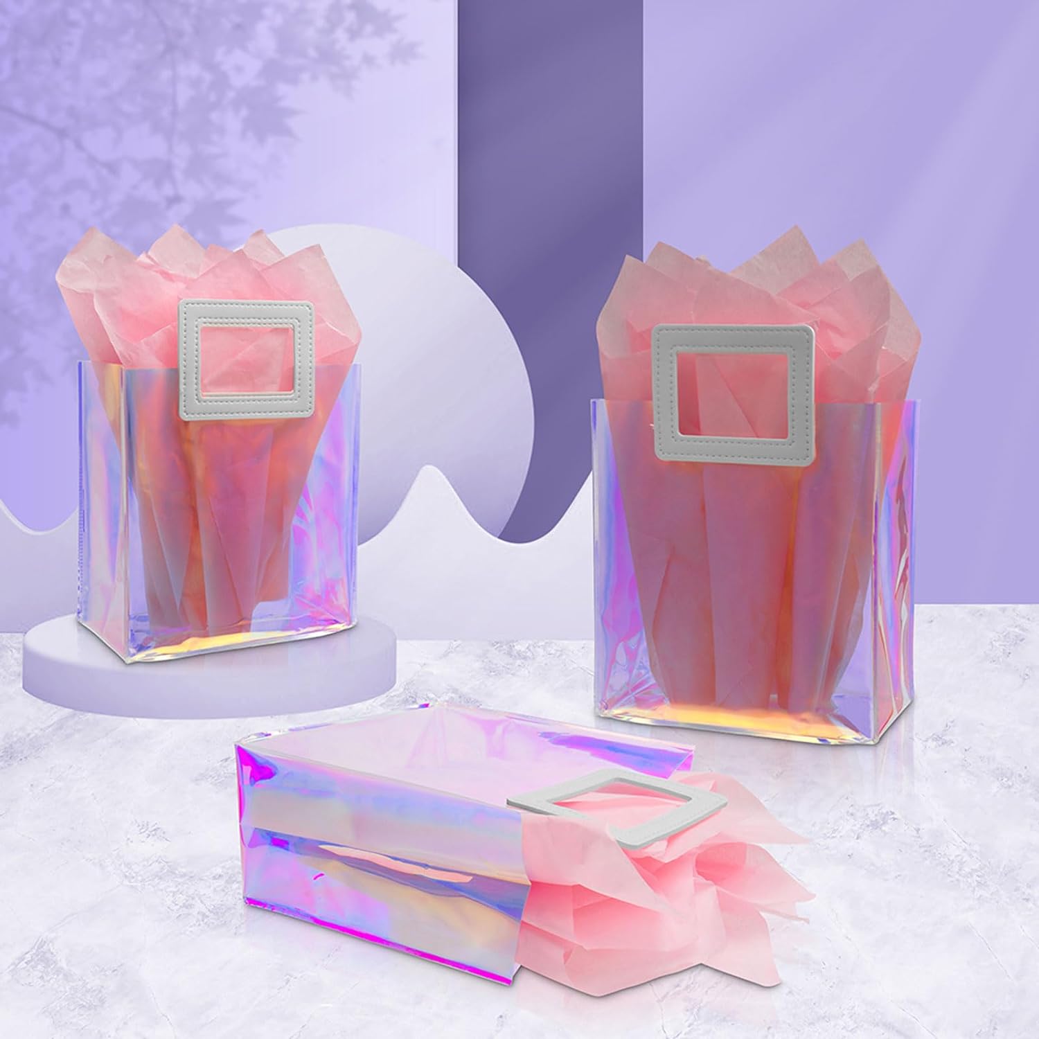Caleihd 12PCS Holographic Clear Gift Bags with Tissue Paper, 7.9 * 7.1 * 3.9 inch with Handles,Treat Bags Goody Bags,for Christmas, Birthday Party, Weeding Gift Bags Party Supplies - Image 2