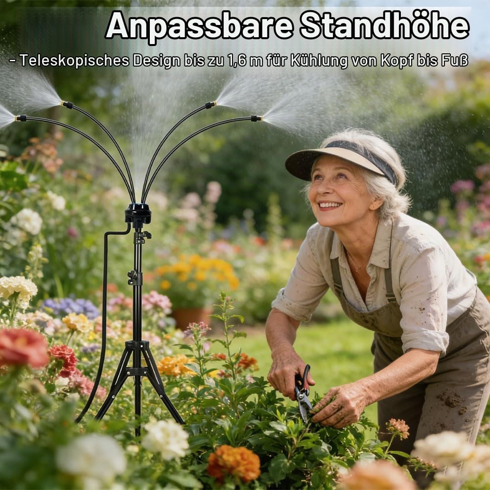Stehend Sprühnebel Kühlung Bewässerungssystem, Einstellbare Höhe Tragbarer wassernebel mit 8m Schlauch, 2 Messingnebeldüsen, Dreieckiger wassernebel kühlung für Terrasse, draußen,Garten & Sonnenstudio