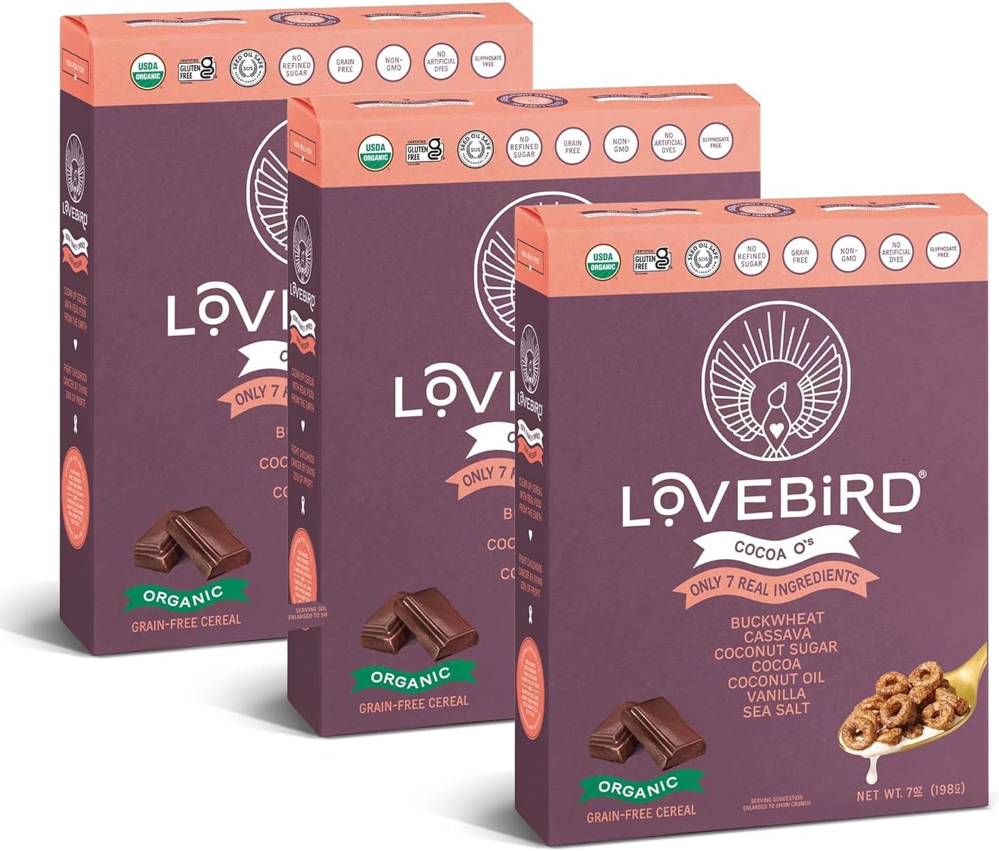 Lovebird Healthy Cereal That Actually Tastes Good - Organic & 100% Real Food, No Refined Sugar & Gluten Free Cereal, Paleo, Keto Friendly Healthy Snacks for Kids, Adults - [Cacao] [3-Pack]
